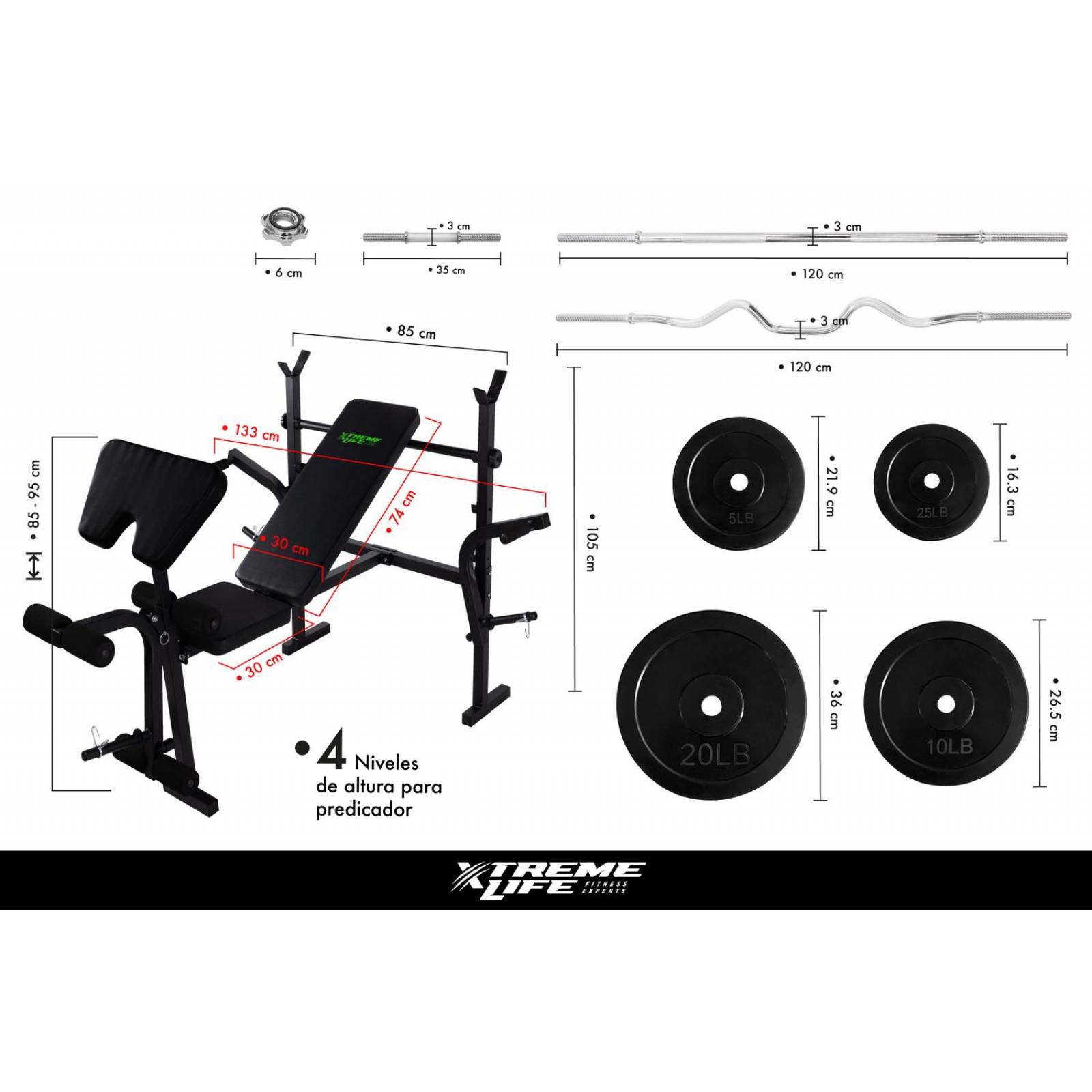 Banco + Predicador+Set de Barras Mancuernas 12 Discos 120LBs Negro