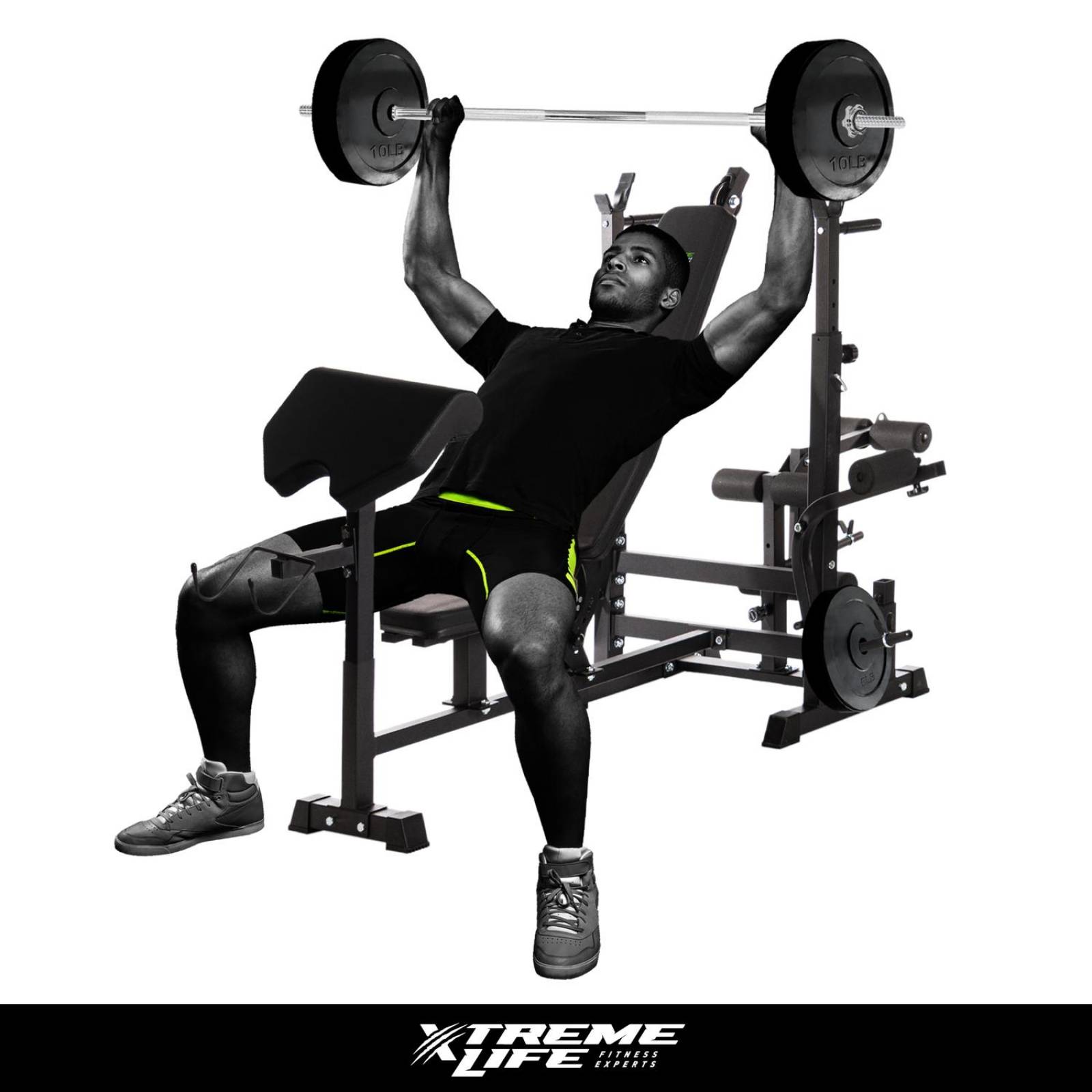 Banco + Predicador+Set de Barras Mancuernas 12 Discos 120LBs Negro