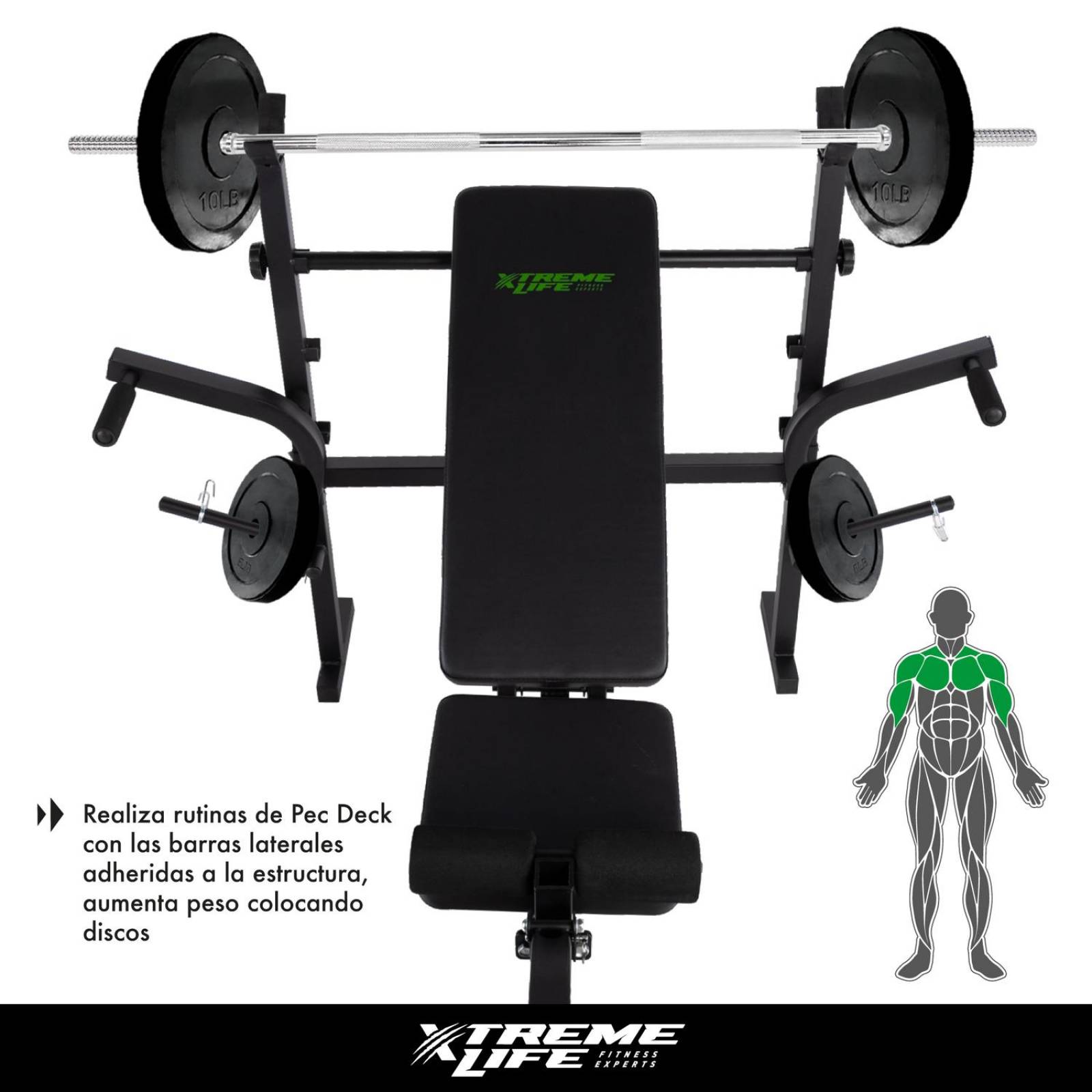 Banco + Predicador+Set de Barras Mancuernas 12 Discos 120LBs Negro