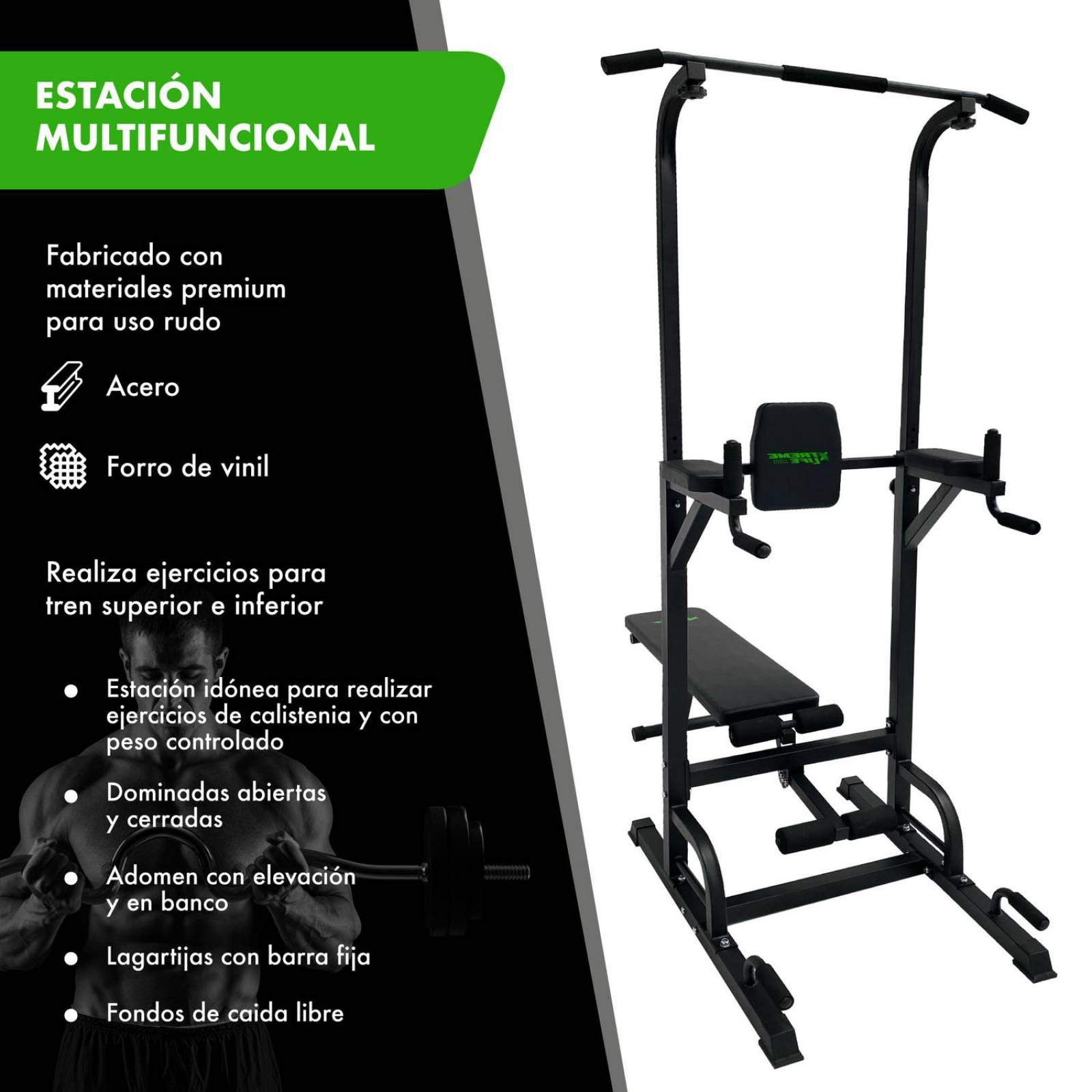Torre Multifuncional Gym Barras Fondos Dominadas + Banco Negro