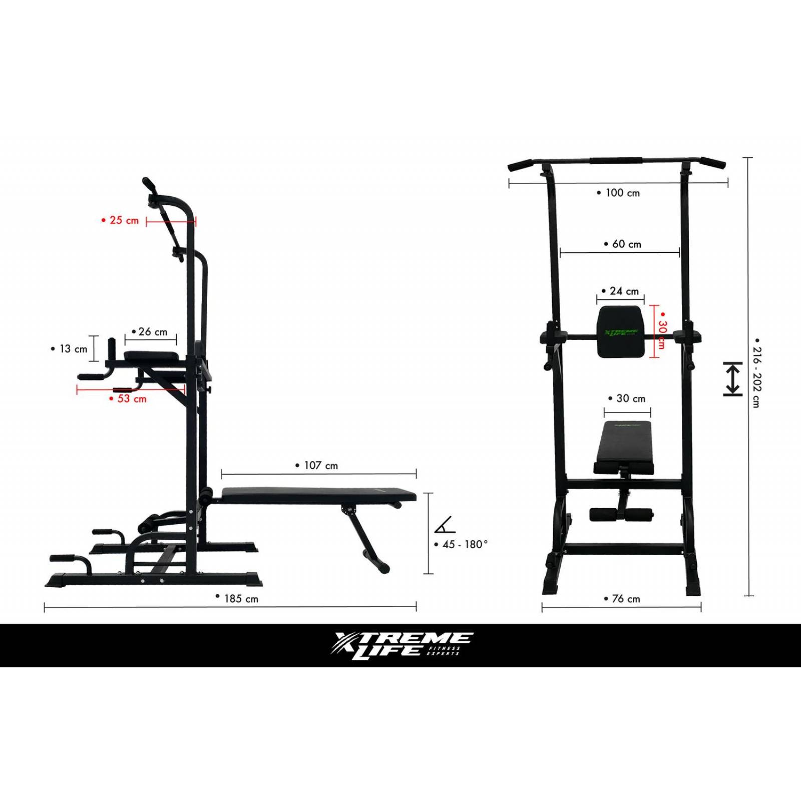 Torre Multifuncional Gym Barras Fondos Dominadas + Banco Negro