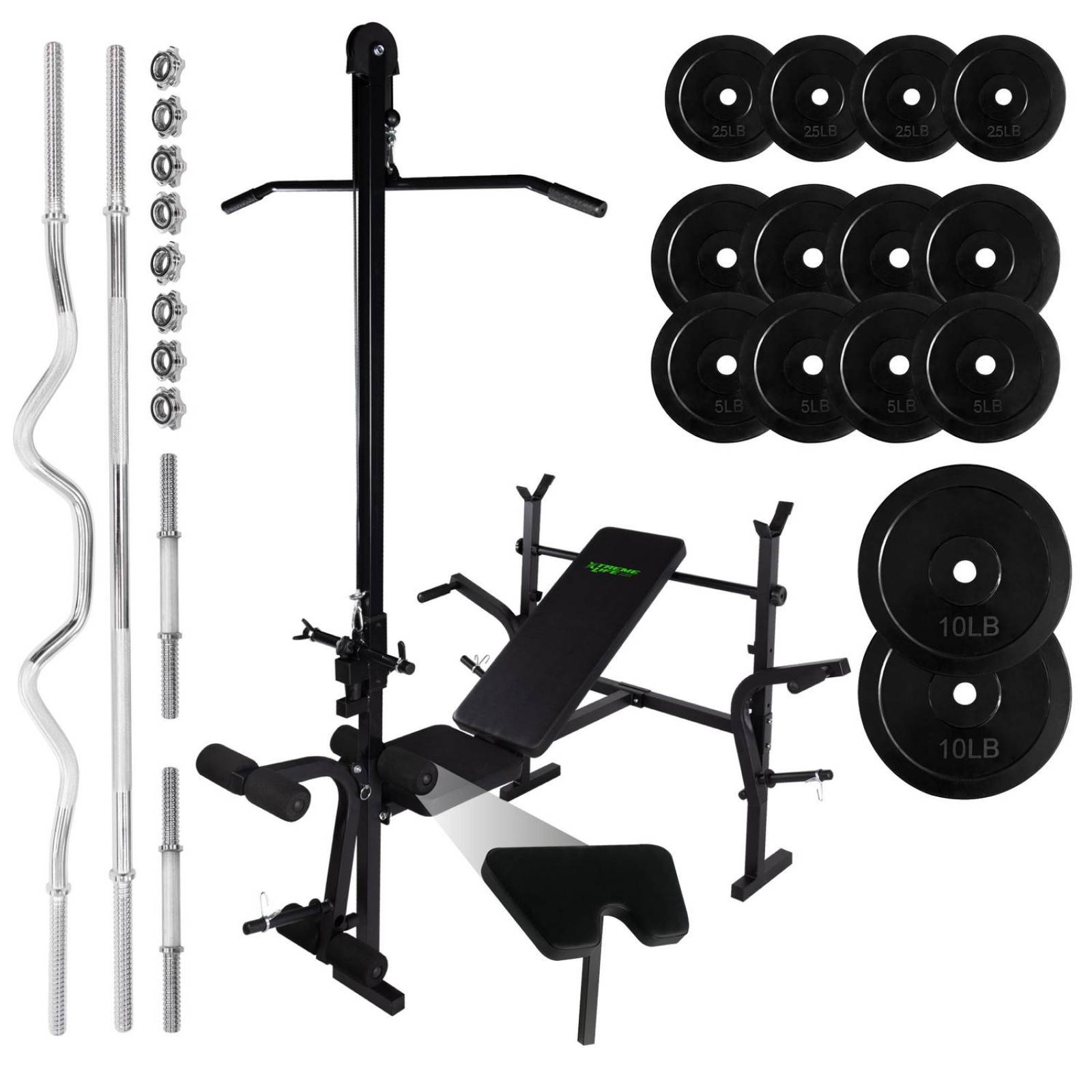 Banco +Predicador Polea+ Set Barras Mancuernas Discos 100Lbs Negro