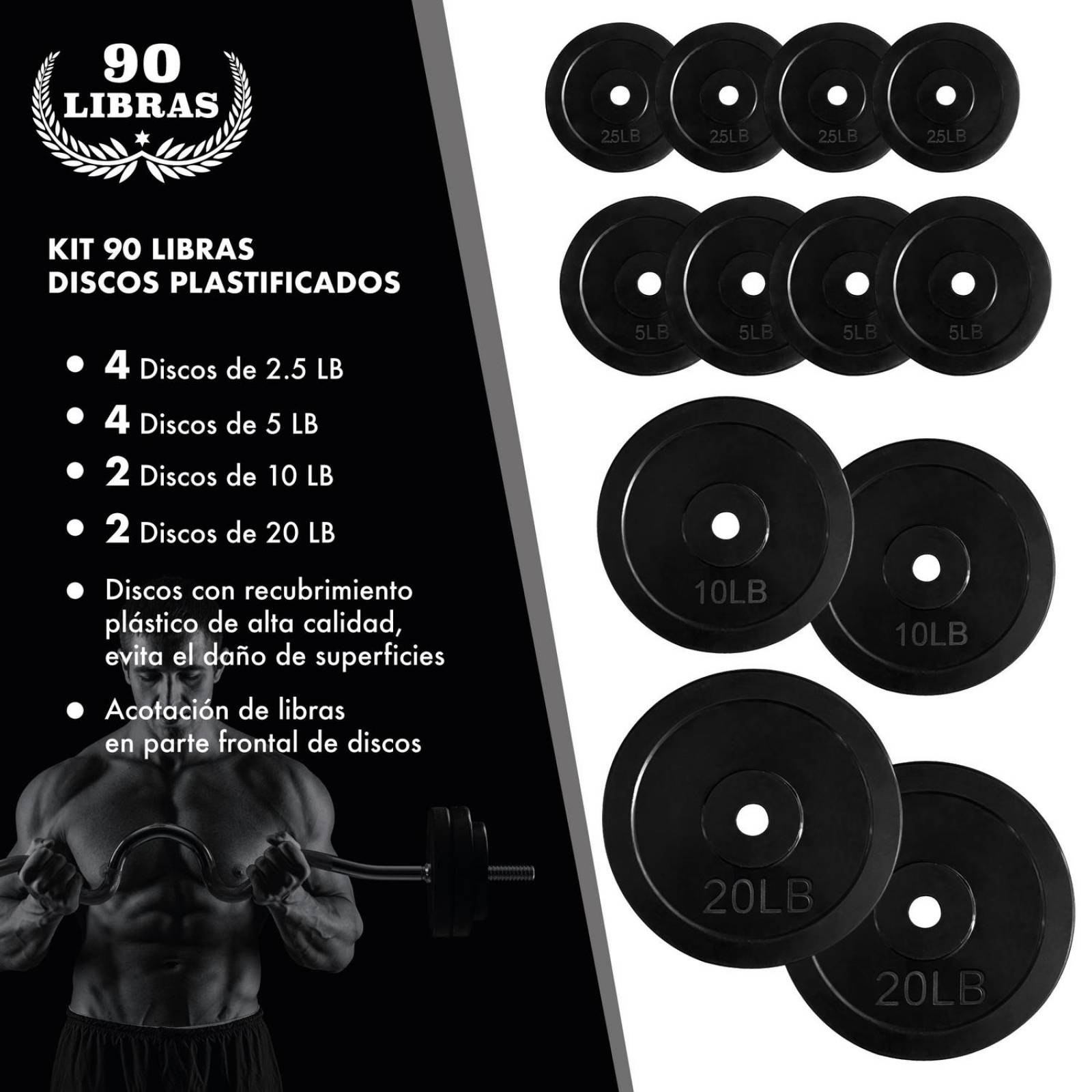 Discos Para Pesas Kit de 90 Lbs Recubiertos Ejercicio GYM Negro