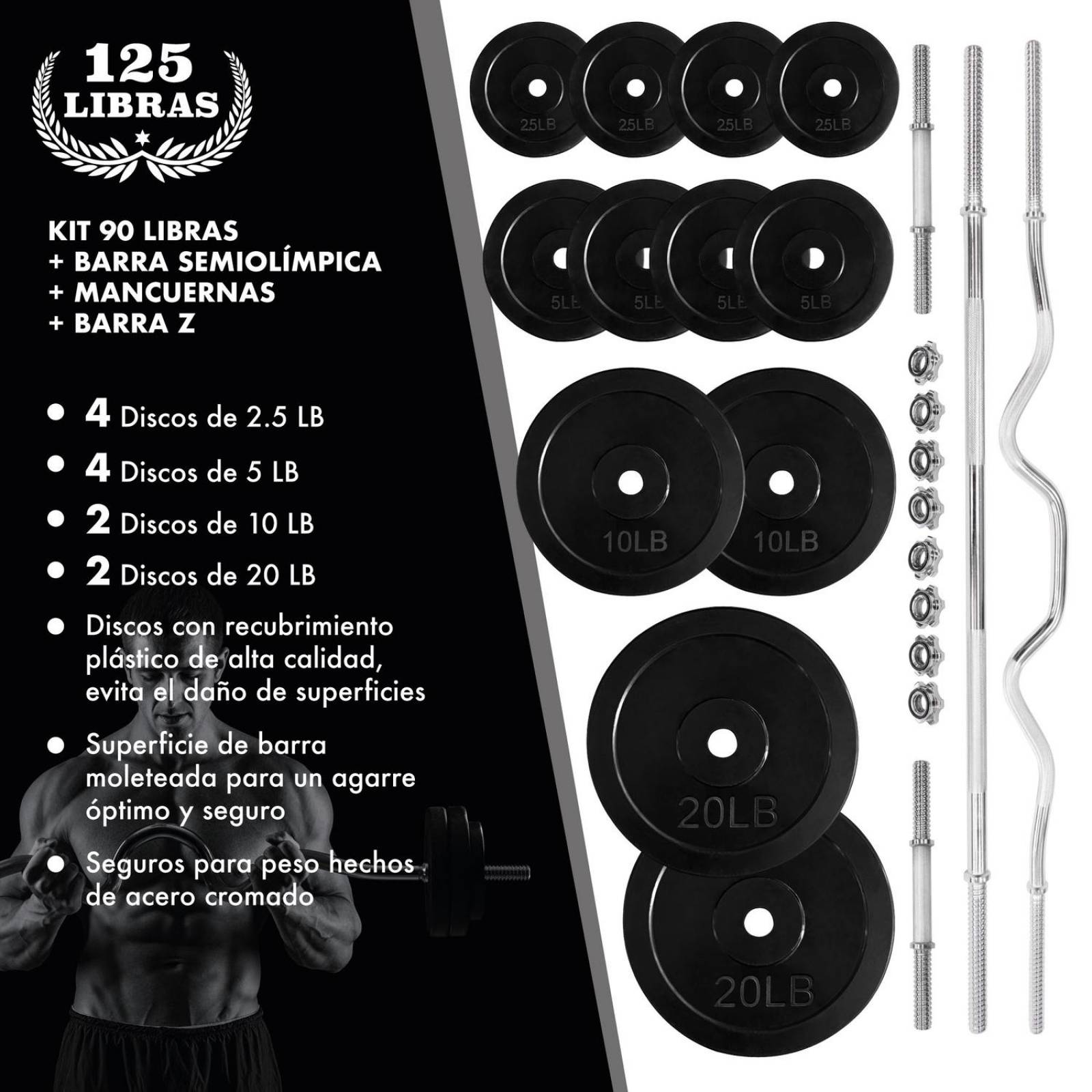 Kit Pesas 12 Discos Barra Recta Mancuernas y Discos 120 LBS Negro