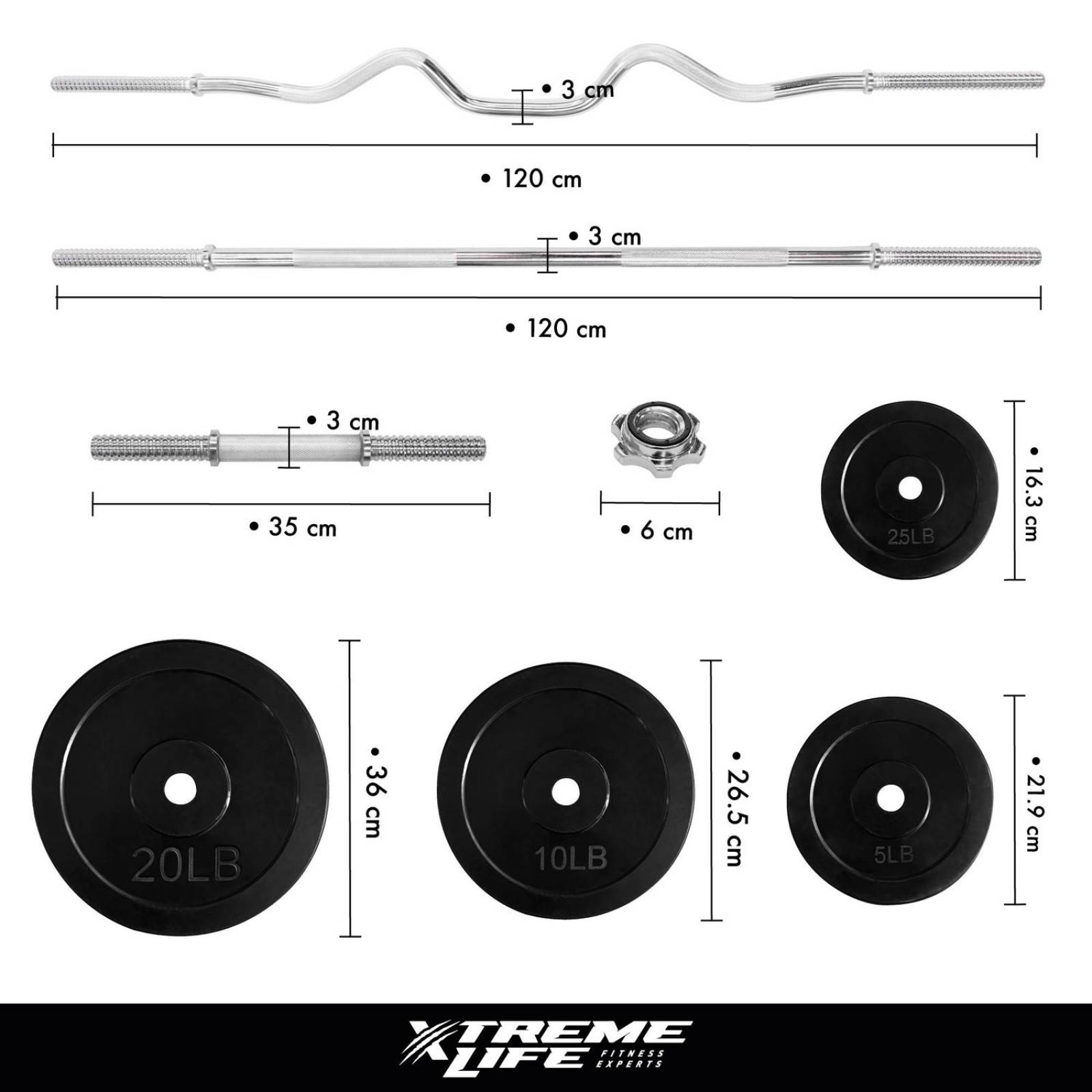 Kit Pesas 12 Discos Barra Recta Mancuernas y Discos 120 LBS Negro