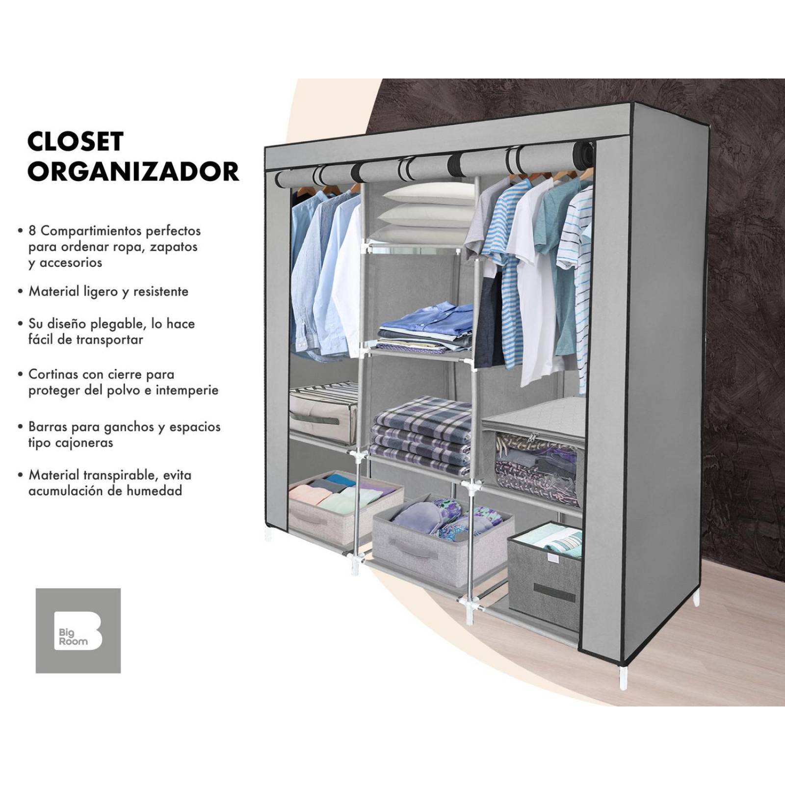 Closet Ropero Armable 3 Puertas Organizador Portátil Gris UNITALLA