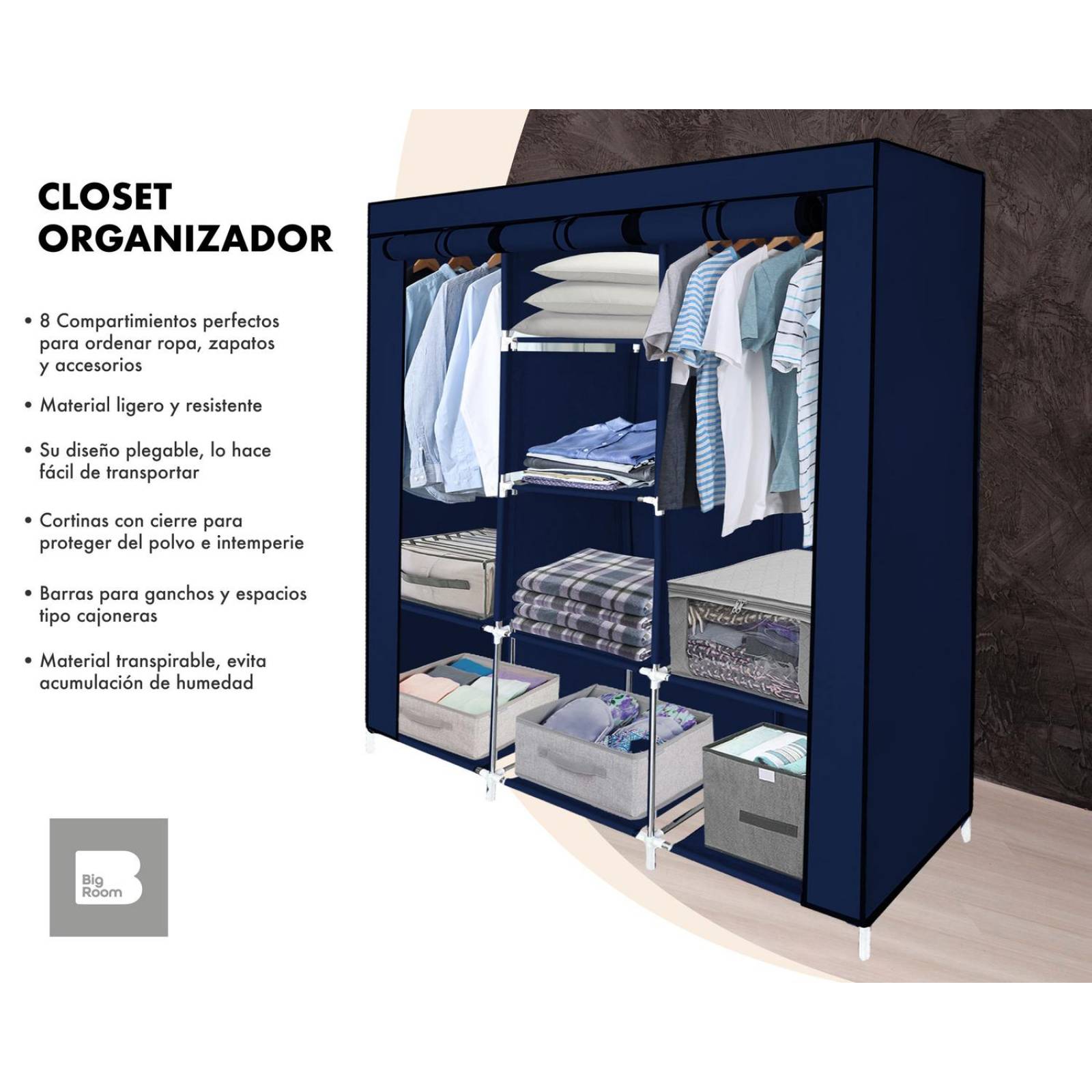 Closet Ropero Armable 3 Puertas Organizador Portátil Azul UNITALLA