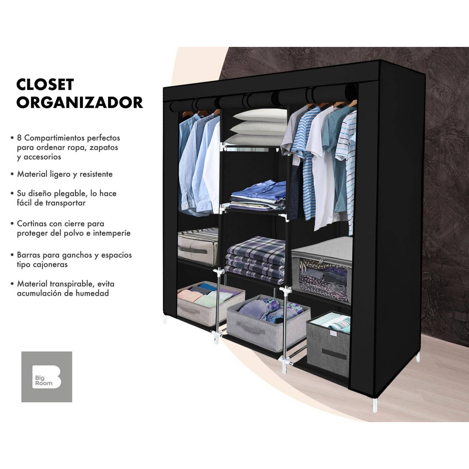 Closet Ropero Armable 3 Puertas Organizador Portátil Negro UNITALLA