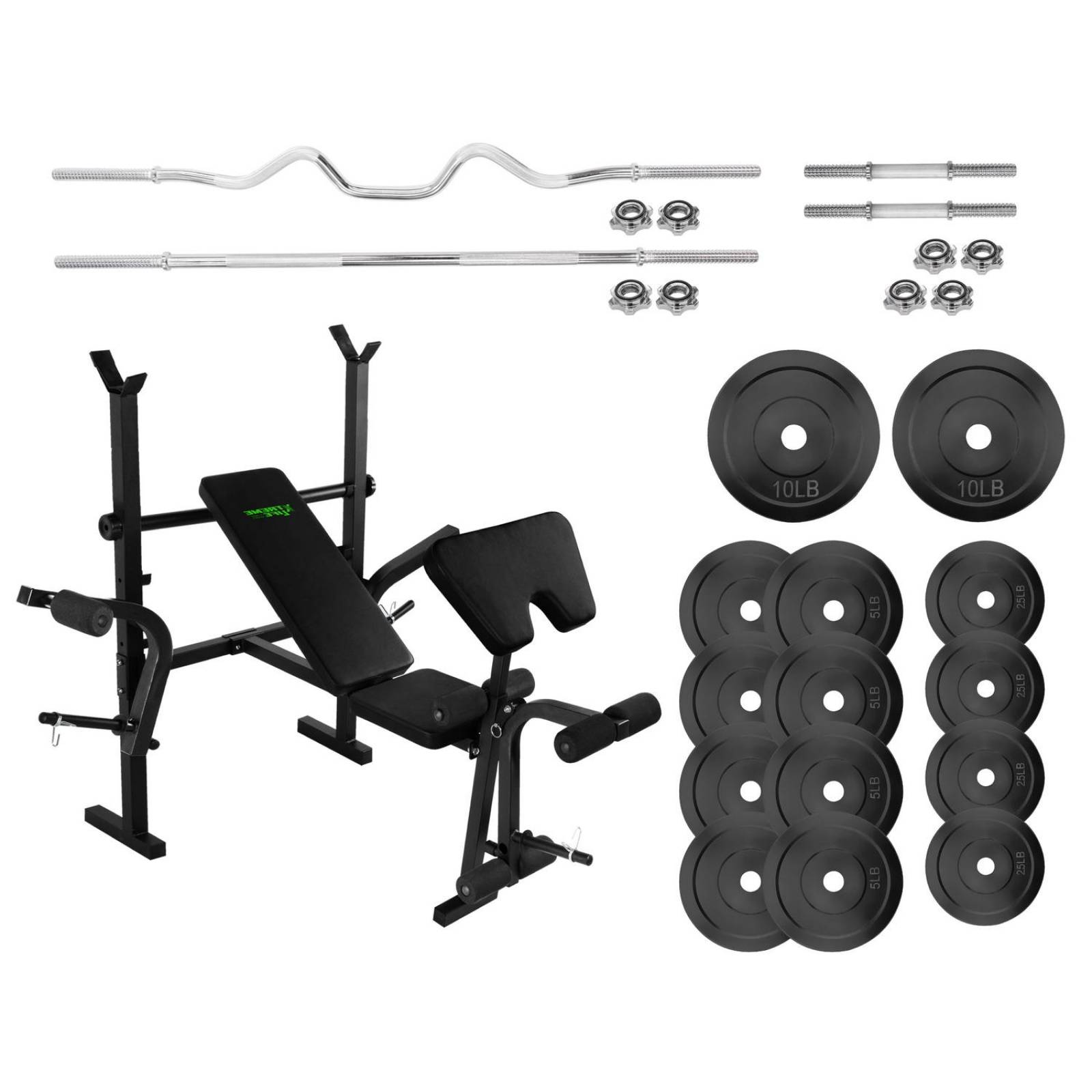 Banco Con Predicador +Set de Barras Mancuernas Discos 100LBs Negro