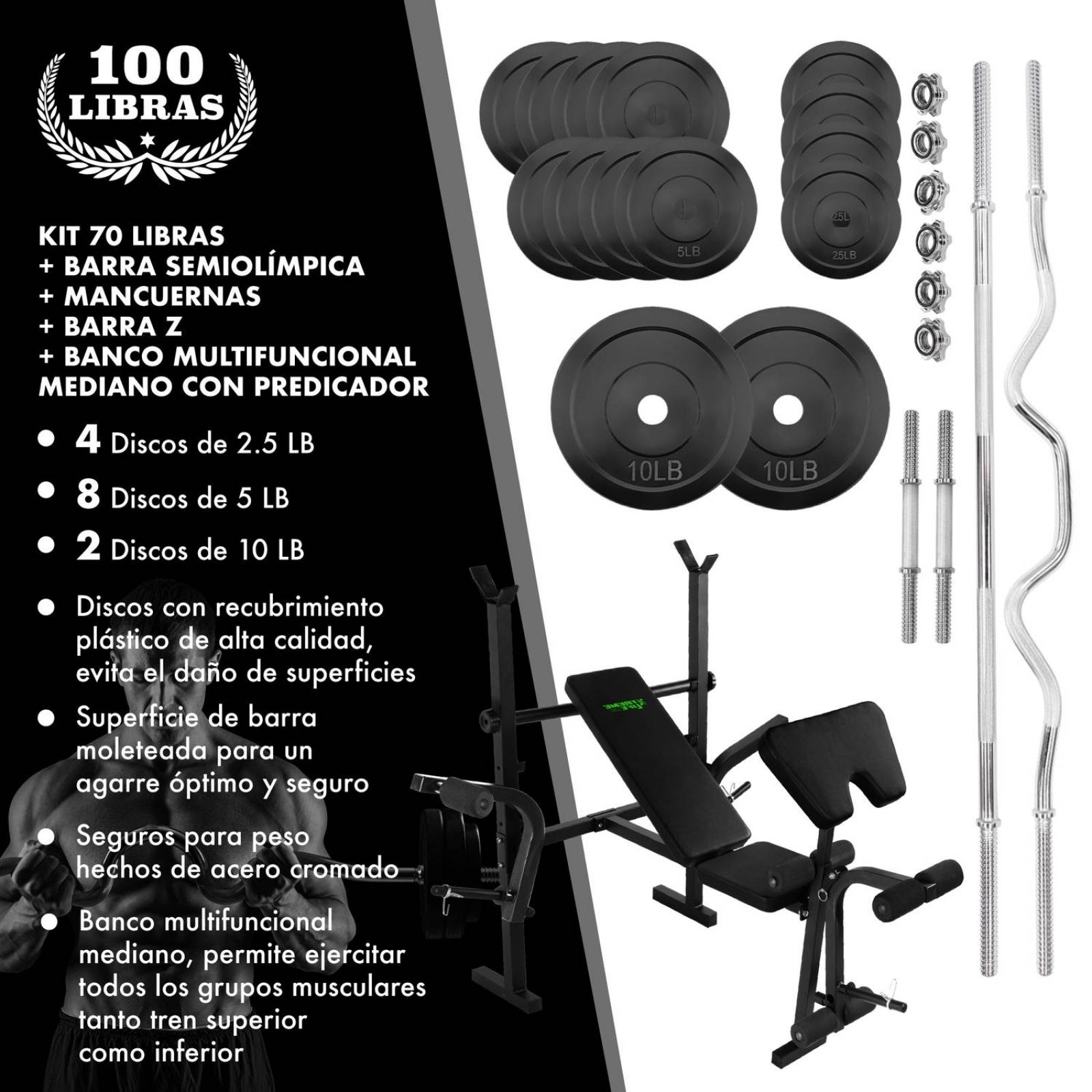 Banco Con Predicador +Set de Barras Mancuernas Discos 100LBs Negro