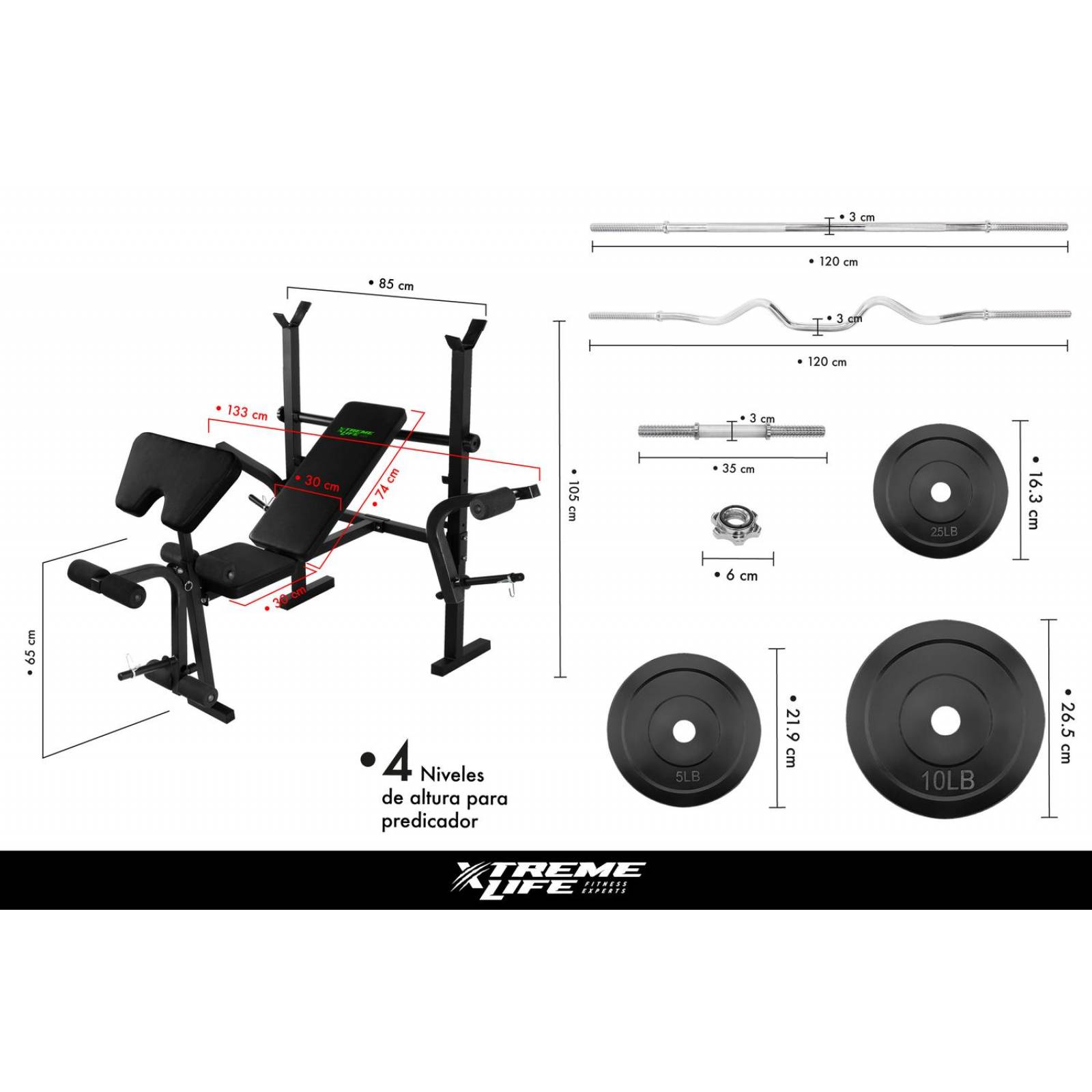 Banco Con Predicador +Set de Barras Mancuernas Discos 100LBs Negro