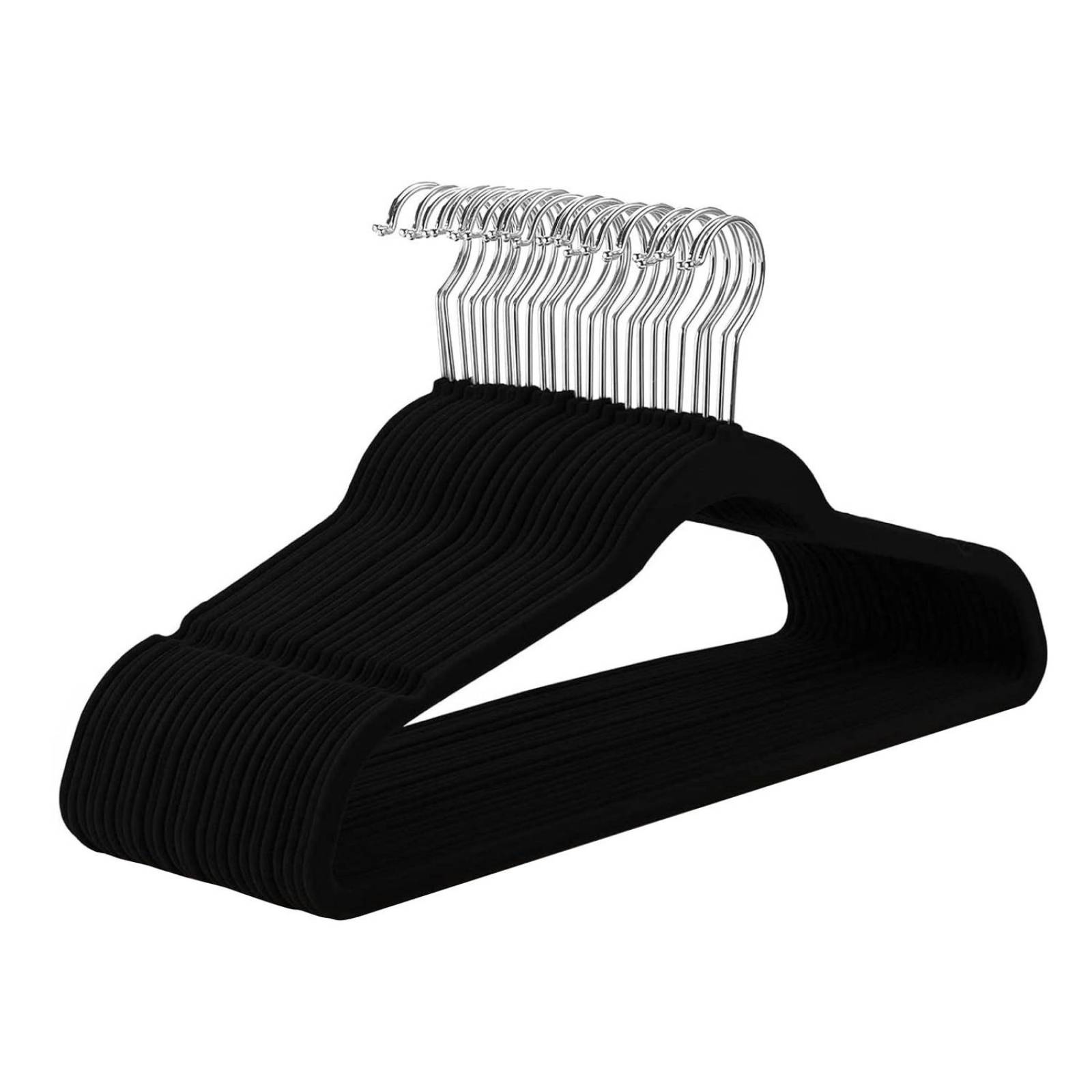 Set De 50 Ganchos De Ropa Terciopelo Antideslizantes Premium Negro
