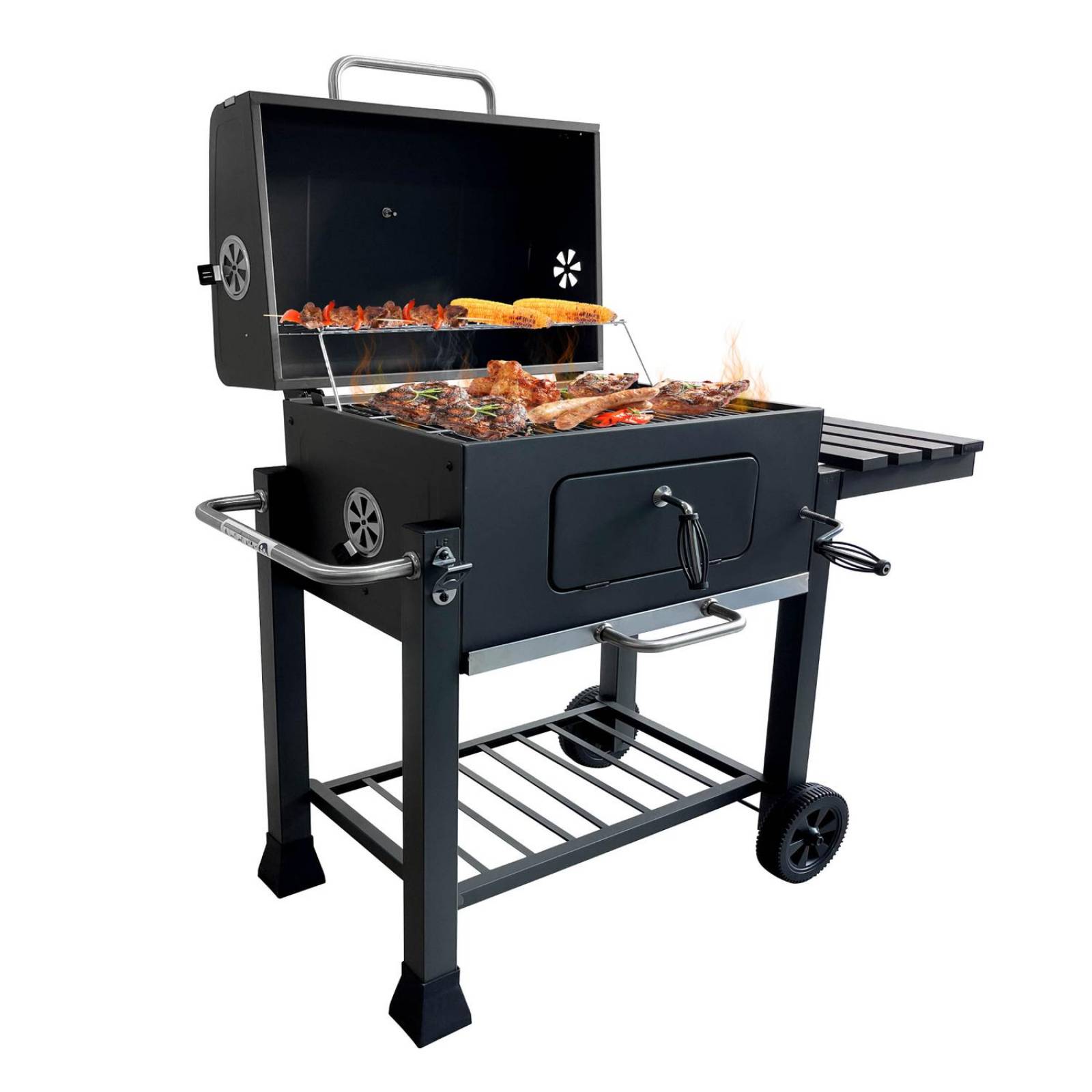 Asador De Hierro Con Ruedas Mesa Lateral Doble Parrilla Gris