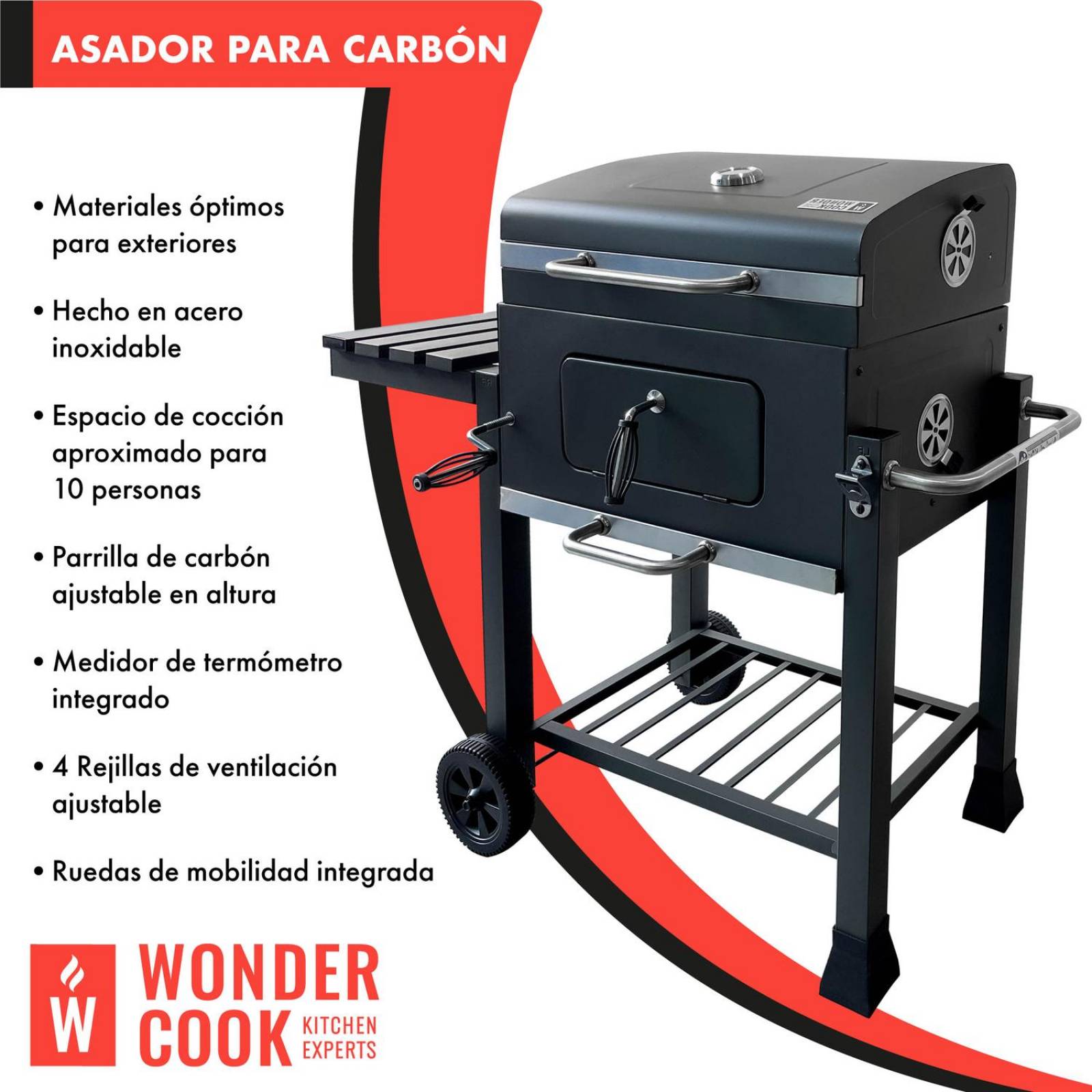 Asador De Hierro Con Ruedas Mesa Lateral Doble Parrilla Gris