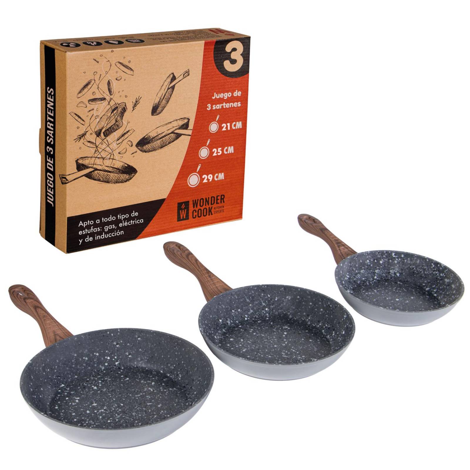 Juego de 3 Sartenes Antiadherente 20/24/28 Marmol y Granito Beige