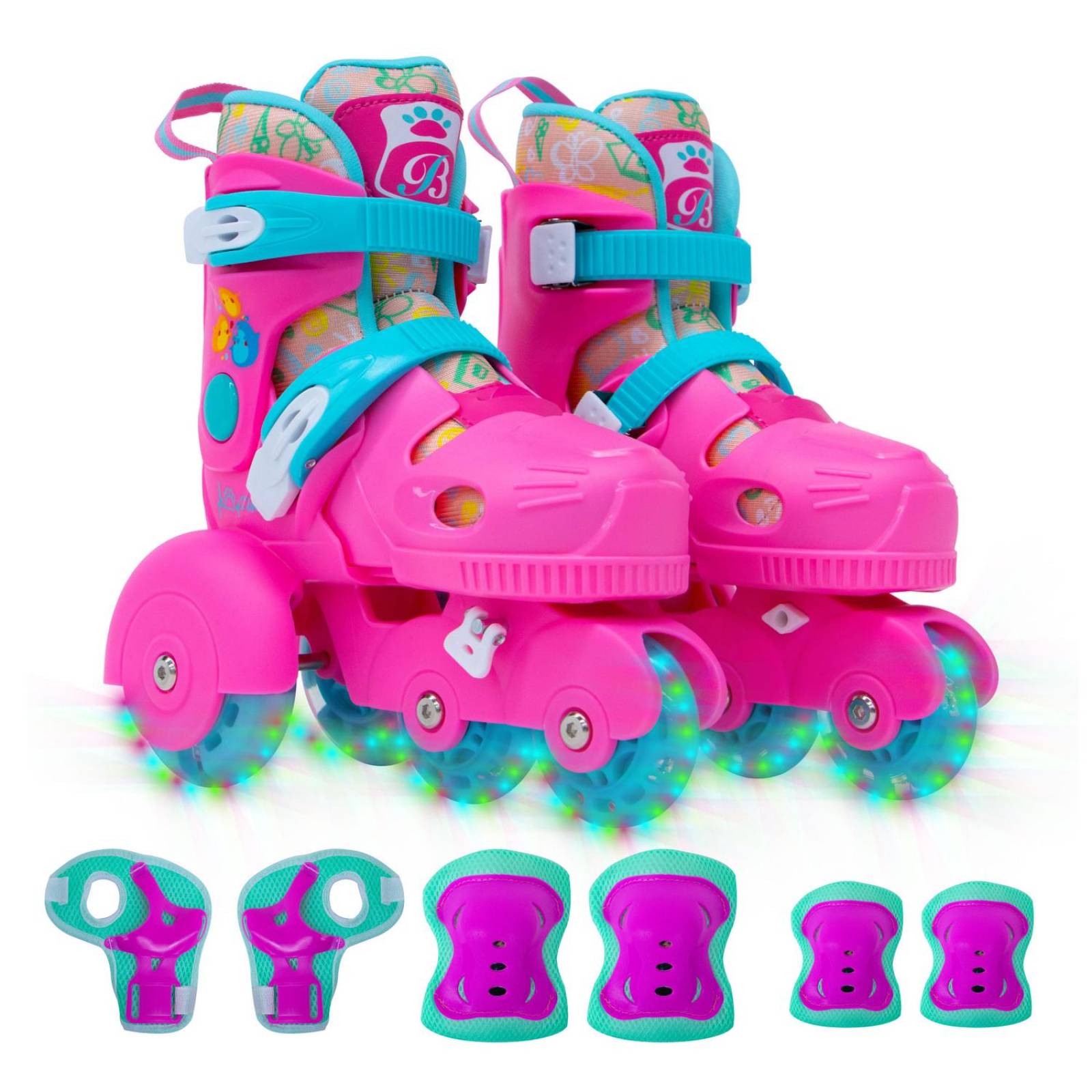 Patines para Niños Ajustables Con Protección Frenos Luz Led Rosa 33