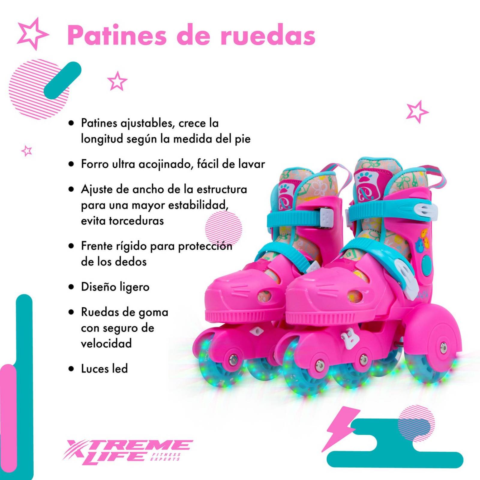 Patines para Niños Ajustables Con Protección Frenos Luz Led Rosa 33