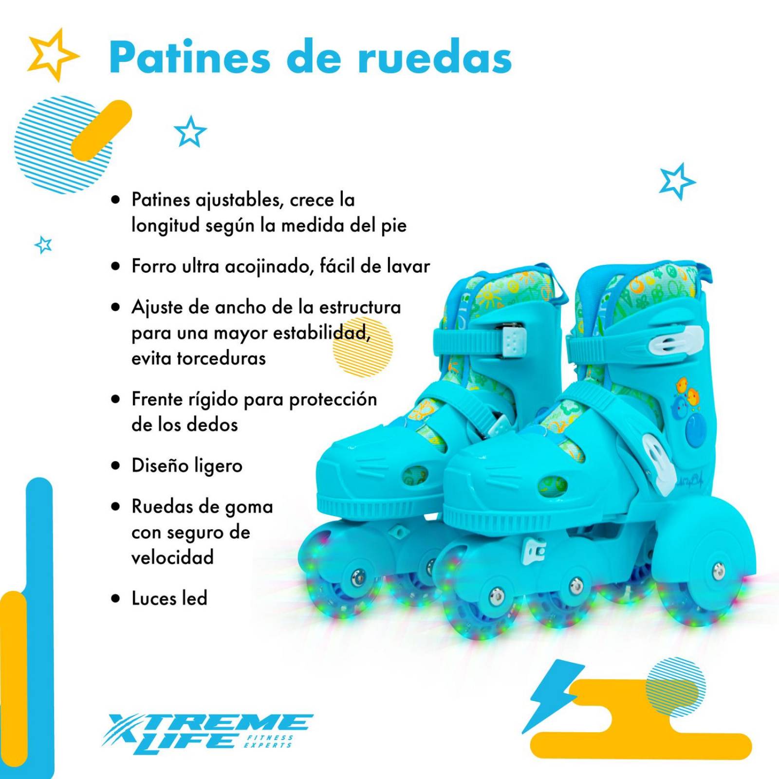 Patines para Niños Ajustables Con Protección Frenos Luz Led Azul 33