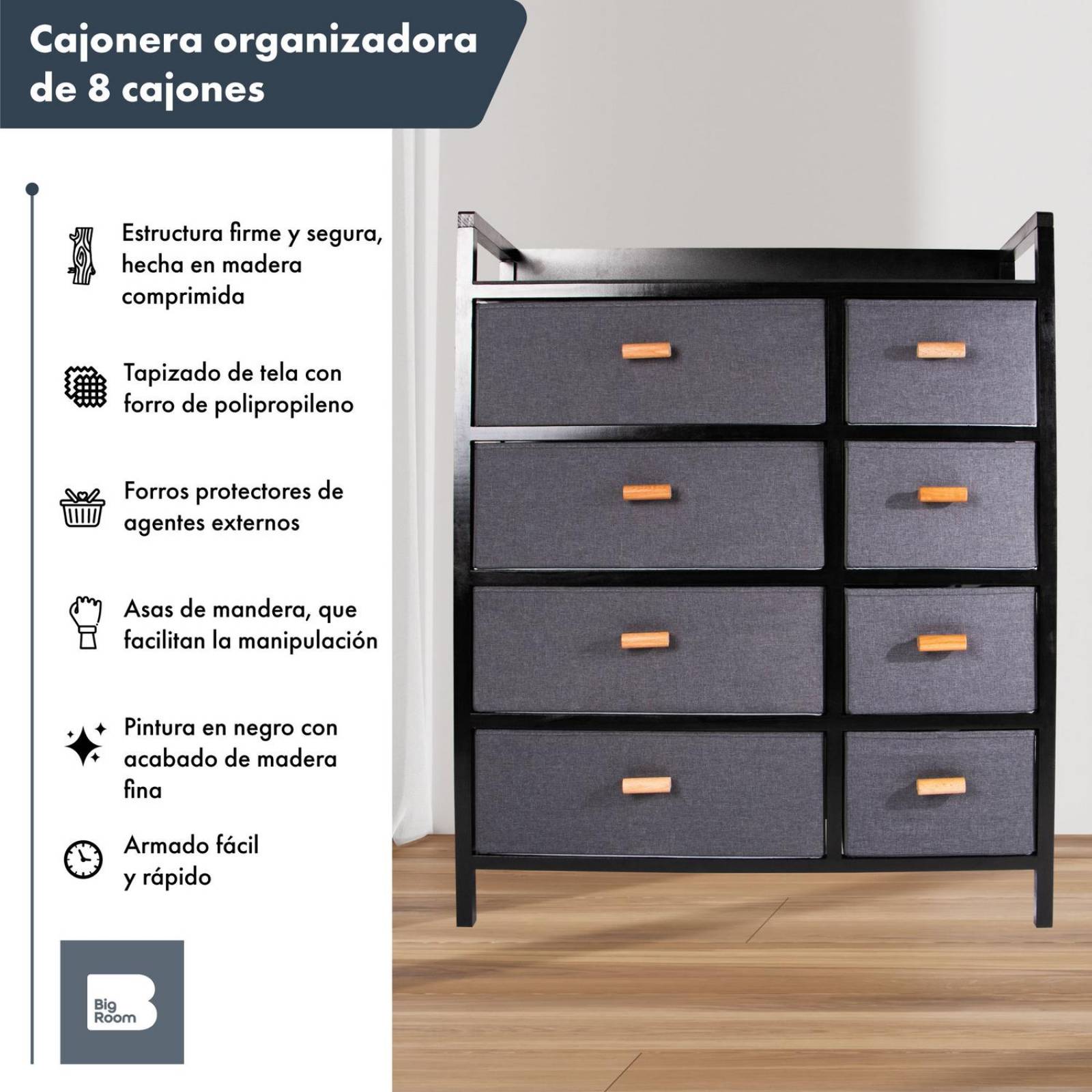 Buro Recamara Comoda 8 Cajones Minimalista Tela Con Madera Negro