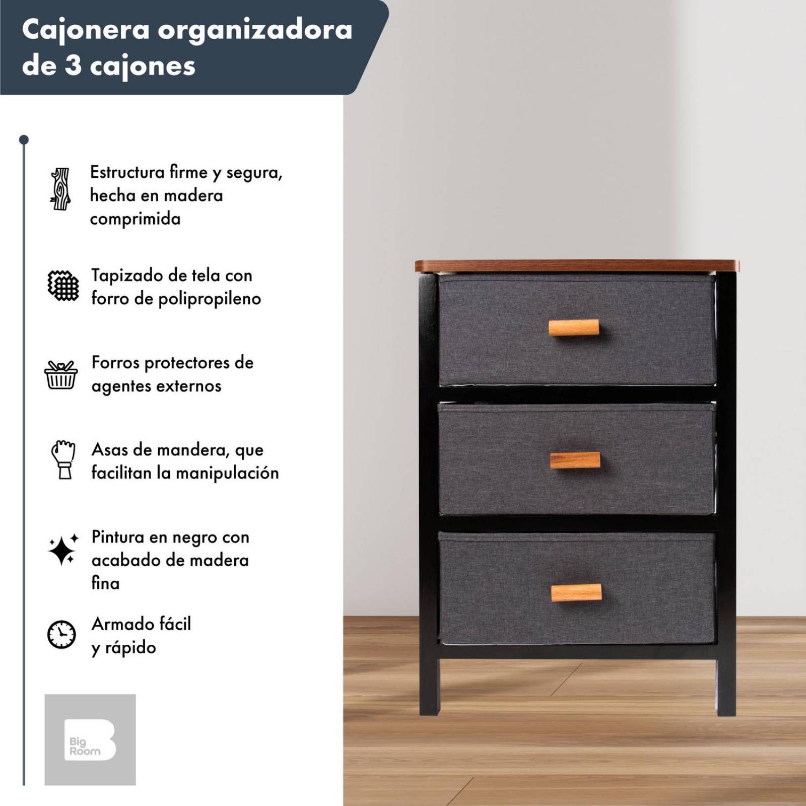 Buro Recamara Comoda 3 Cajones Minimalista Tela Con Madera Negro