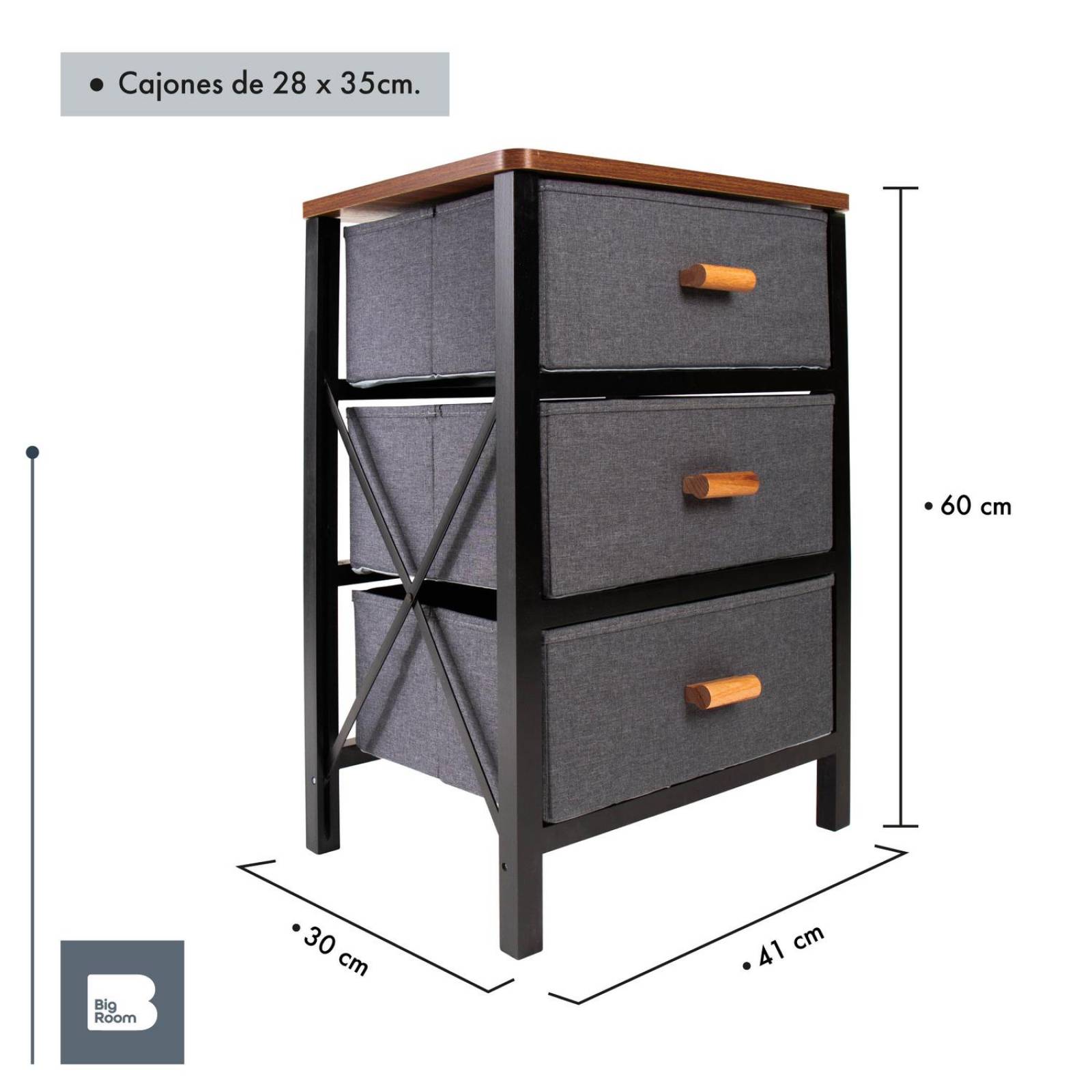 Buro Recamara Comoda 3 Cajones Minimalista Tela Con Madera Negro
