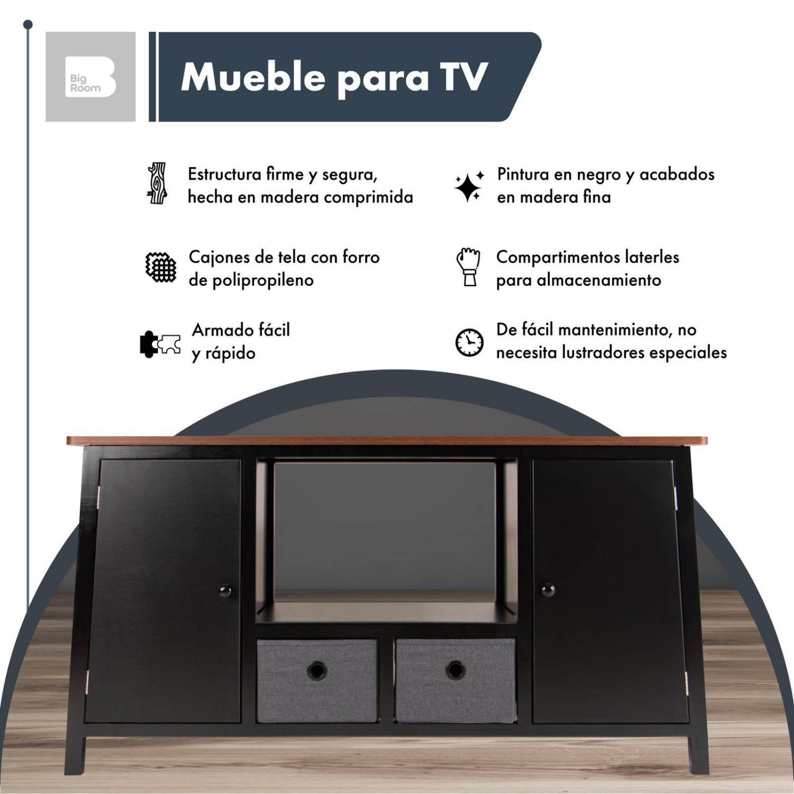 Mueble Para TV De Madera Comoda Cajonera Tela Repisas Hogar Negro