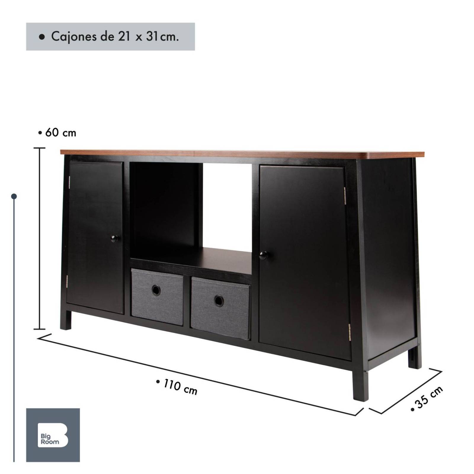 Mueble Para TV De Madera Comoda Cajonera Tela Repisas Hogar Negro