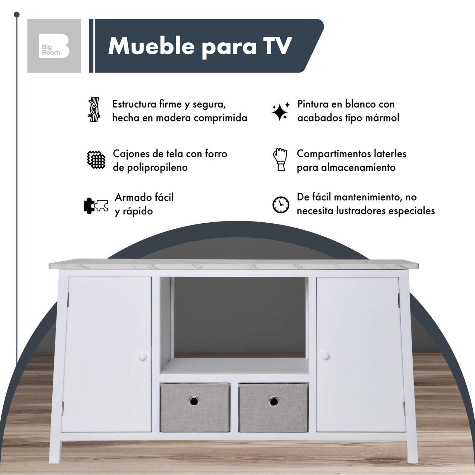 Mueble Para TV De Madera Comoda Cajonera Tela Repisas Hogar Blanco