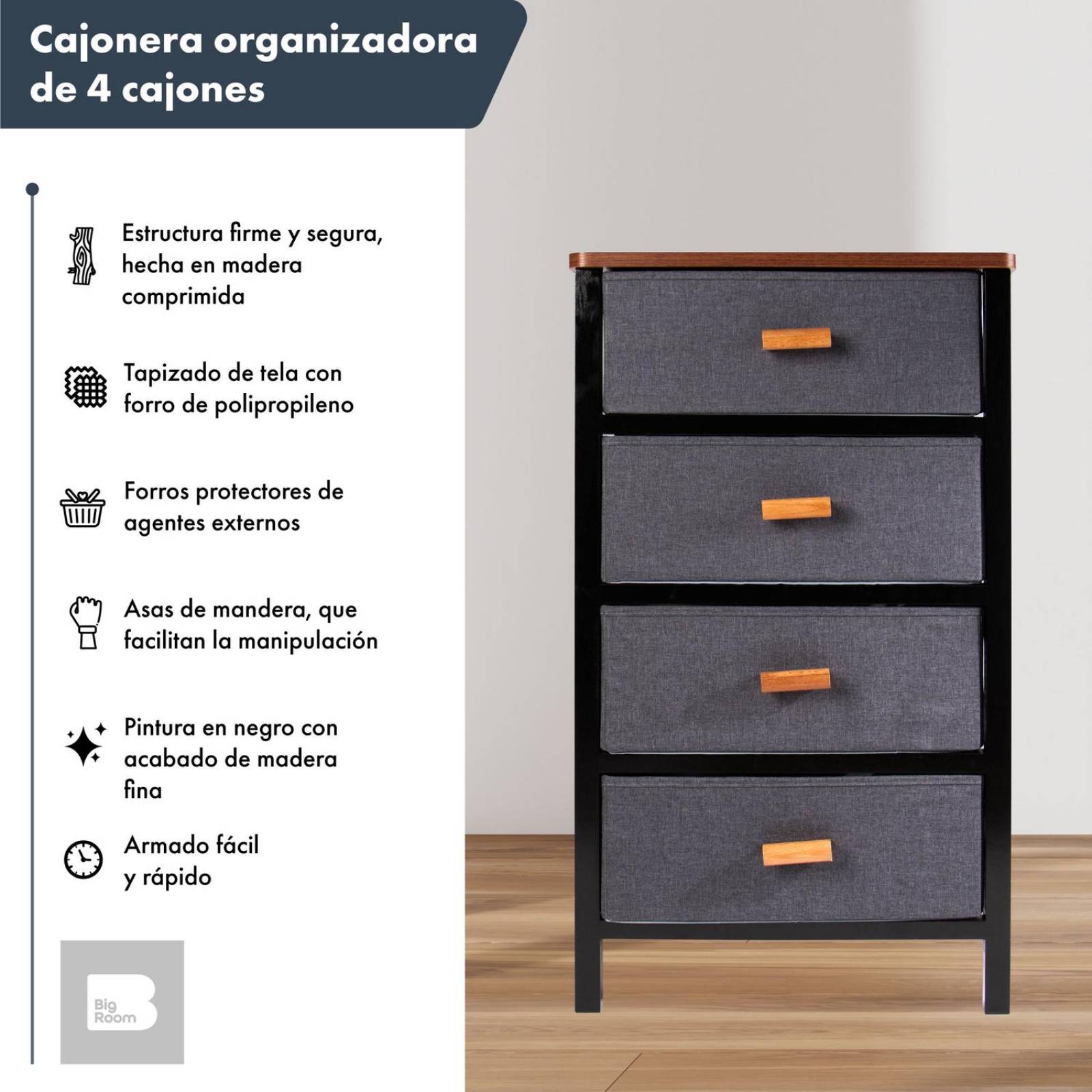 Comoda Cajonera 4 Cajones De Tela Mueble Organizador Madera Negro