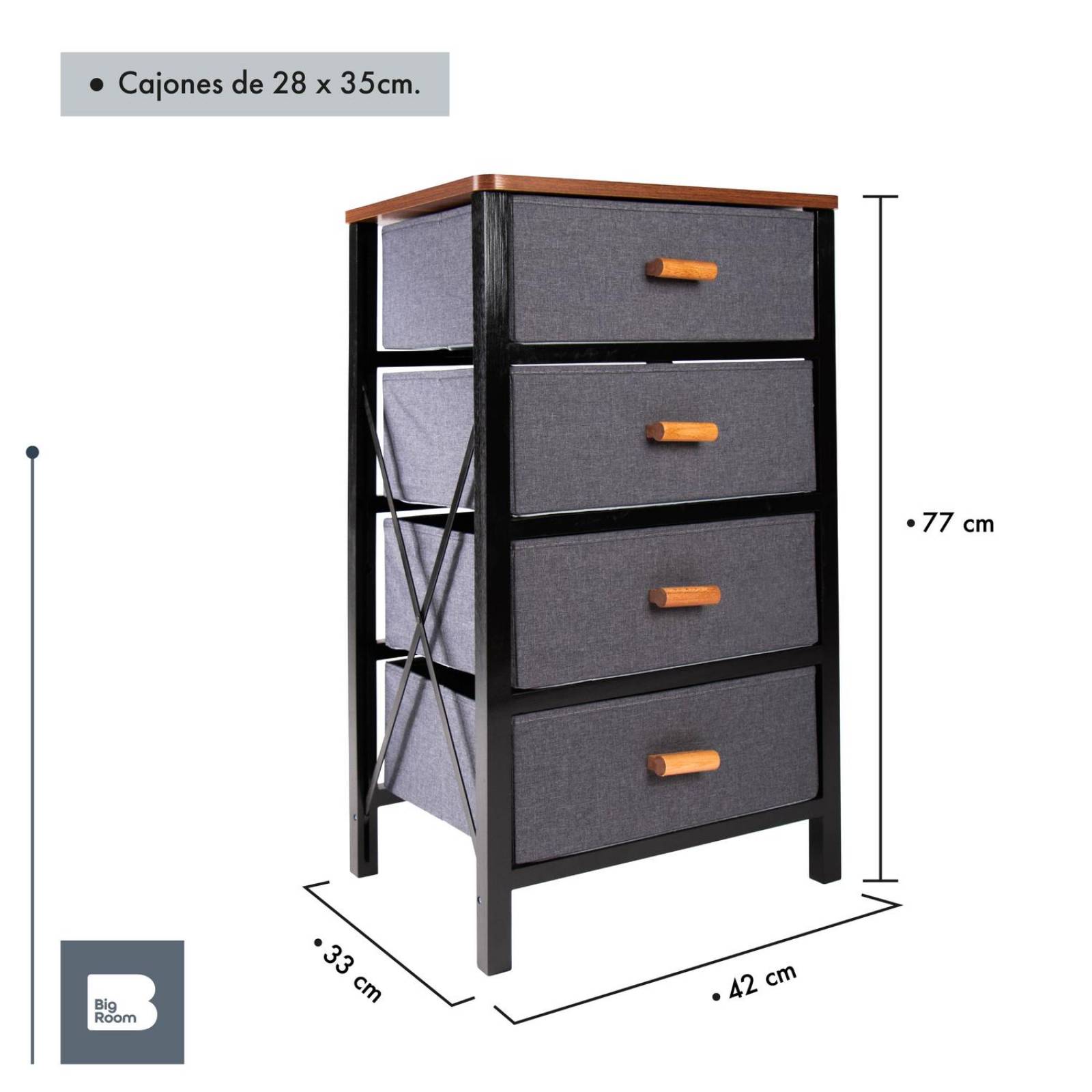 Comoda Cajonera 4 Cajones De Tela Mueble Organizador Madera Negro