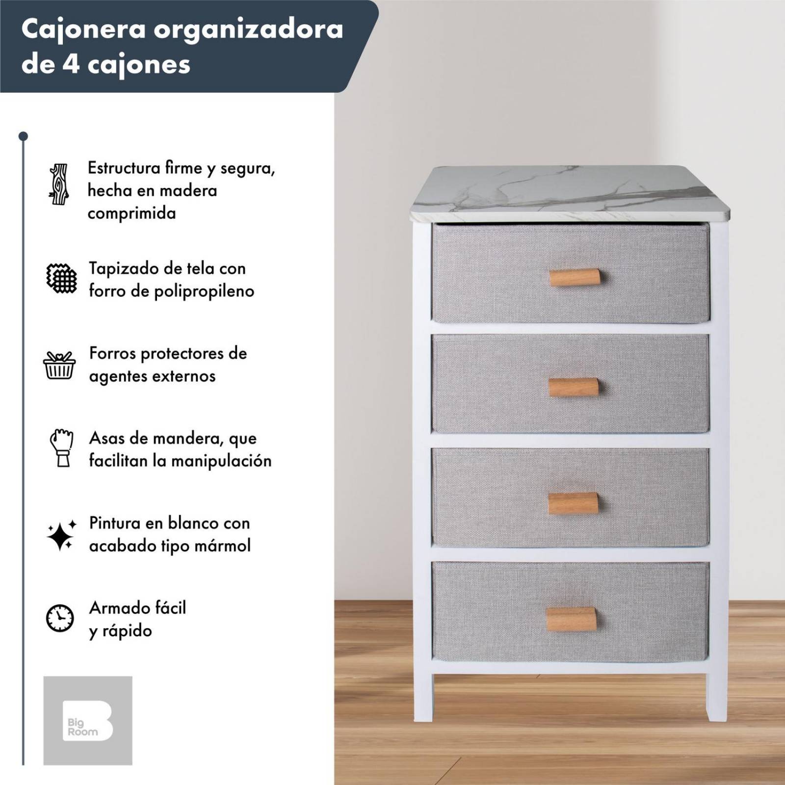 Comoda Cajonera 4 Cajones De Tela Mueble Organizador Madera Blanco