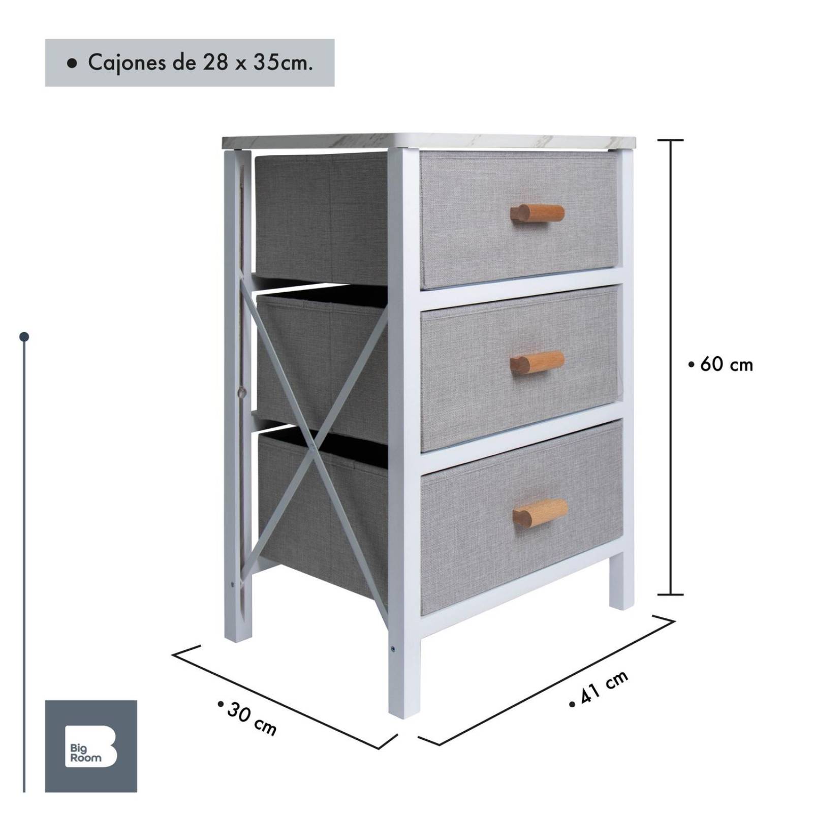 ▷ Cajonera 3 Cajones Lili Madera Natural Tela Blanca 25x30x56 Cm