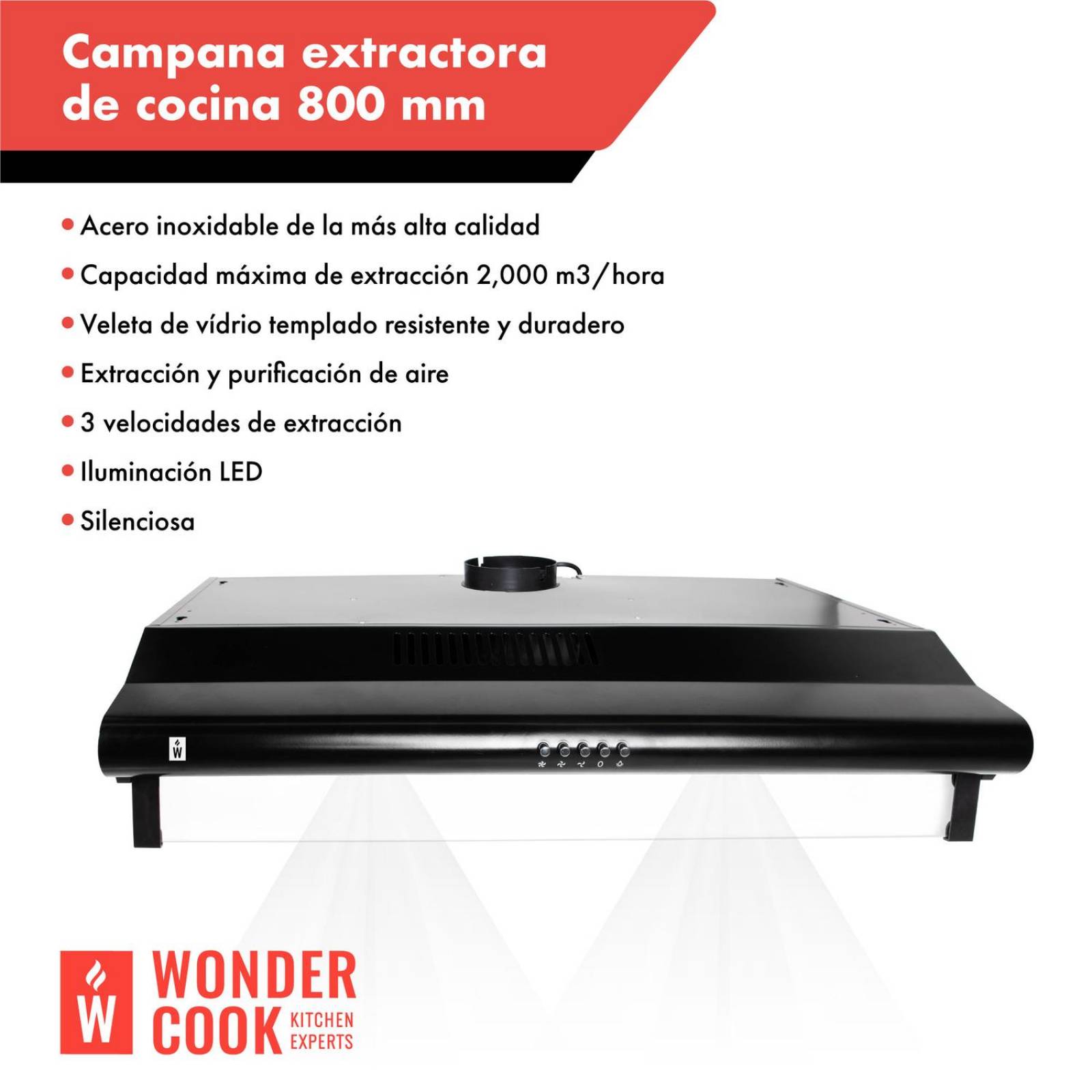 Campana Extractora de Cocina Purificadora Acero Inox Luz Led Negro 80