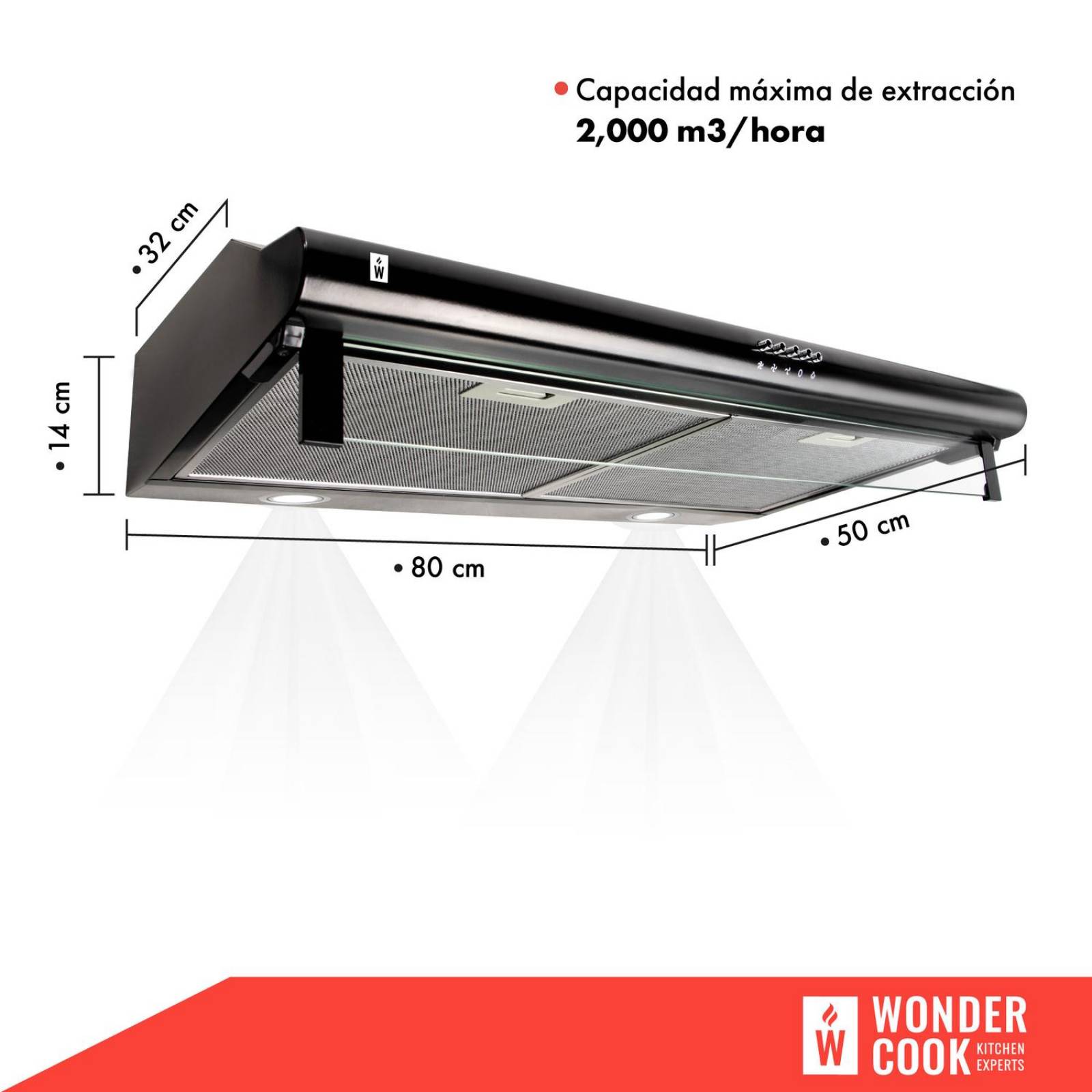 Campana Extractora de Cocina Purificadora Acero Inox Luz Led Negro 80