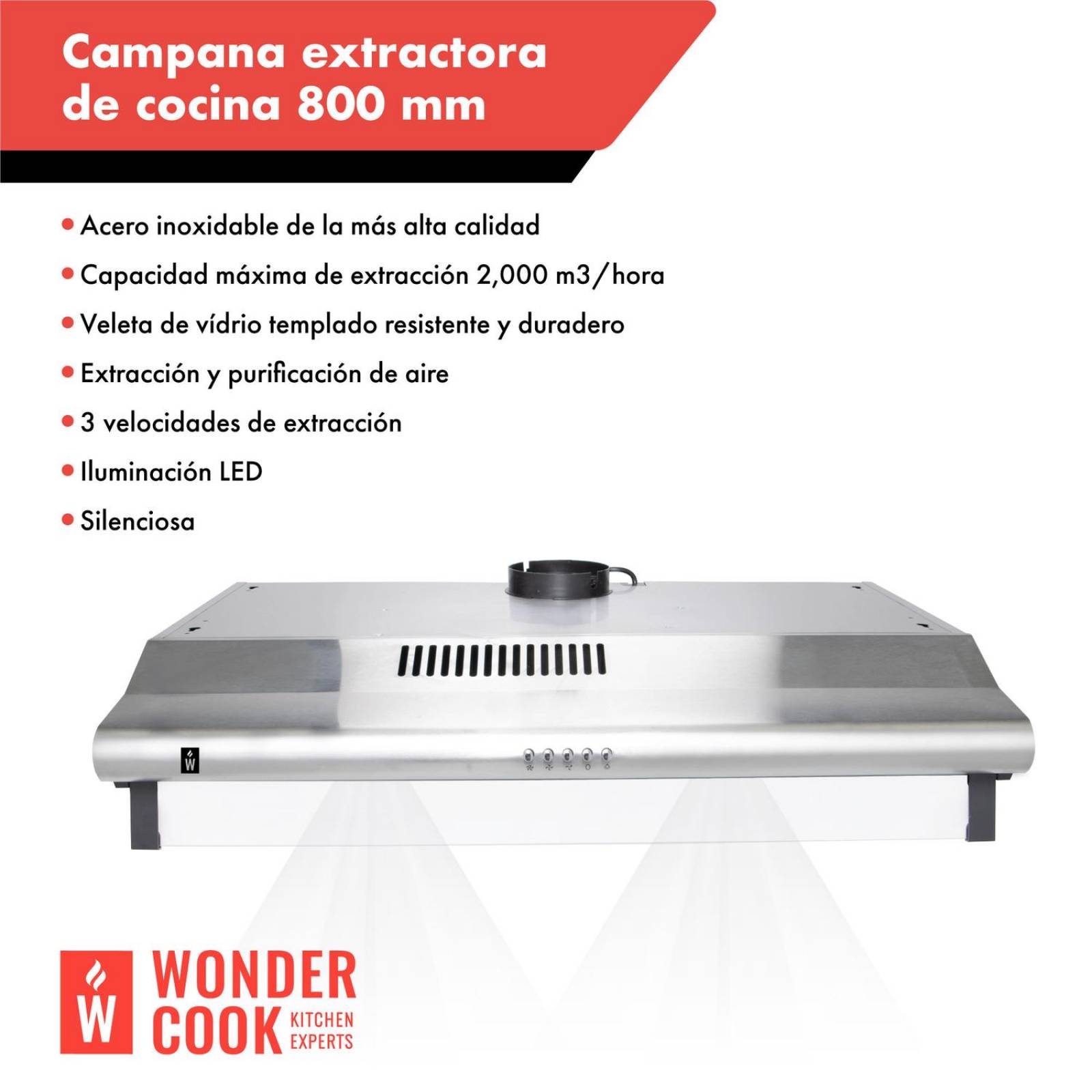 Campana Extractora de Cocina Purificadora Acero Inox Luz Led Plateado 80