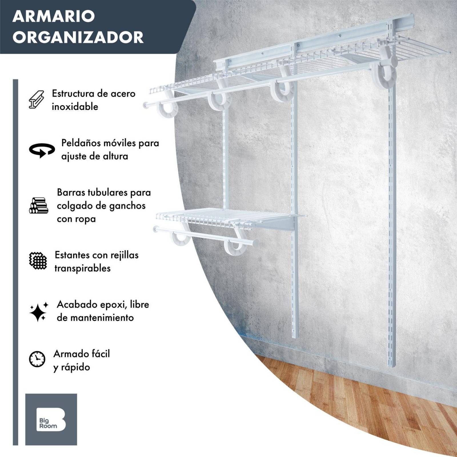 Closet Ropero Armable Armario 2 a 4Ft Ajustable Reforzado Blanco