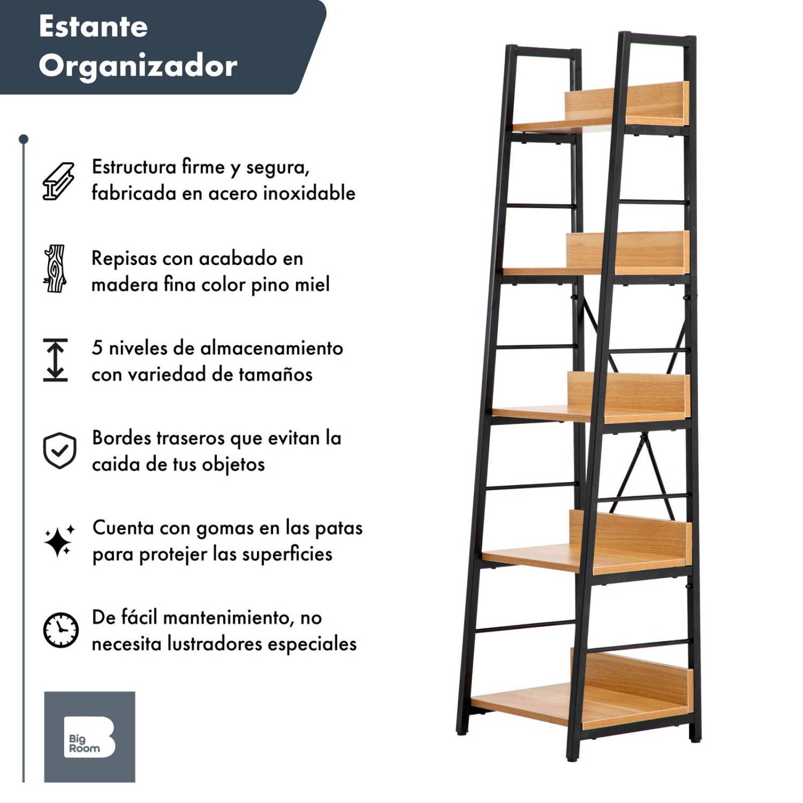 Librero Estante Organizador De Madera 5 Repisas Minimalista Ocre