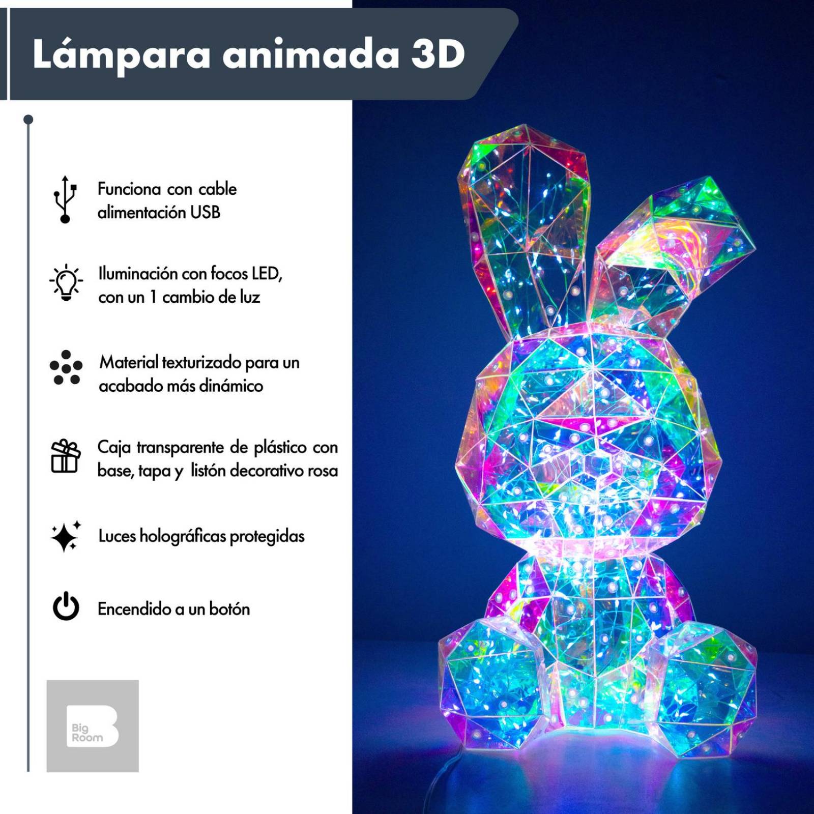 Lampara 3d Conejito Luz Led Iluminacion Nocturna Decoracion Recamara 