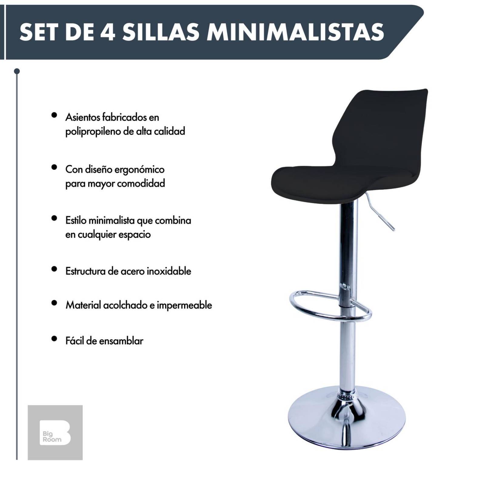 Set 4 Bancos Altos Barra Cocina Ajustable Respaldo Acolchado Negro
