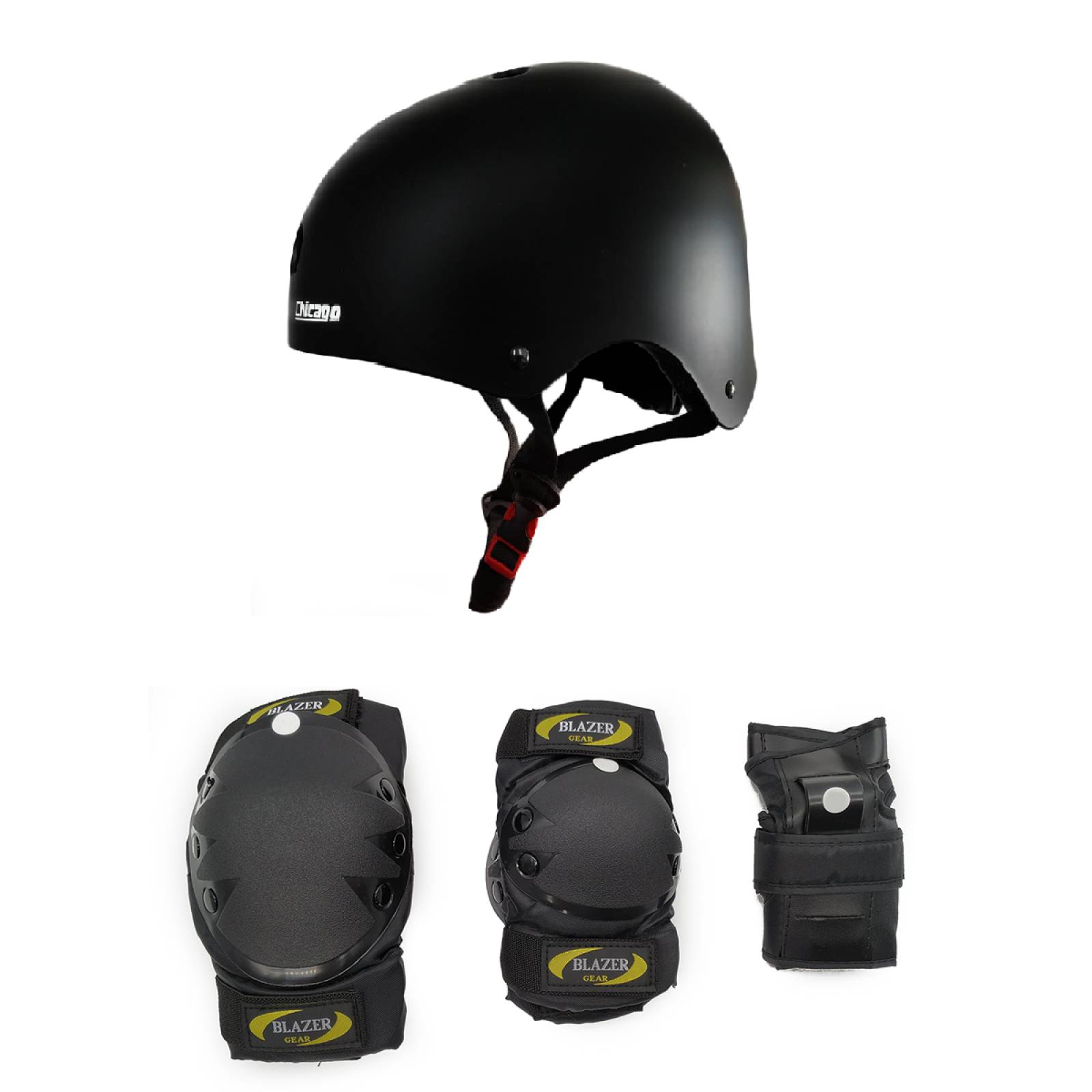 Kit de Protecciones Coderas Rodilleras Muñequeras Negro y Casco Negro con Broche Rojo