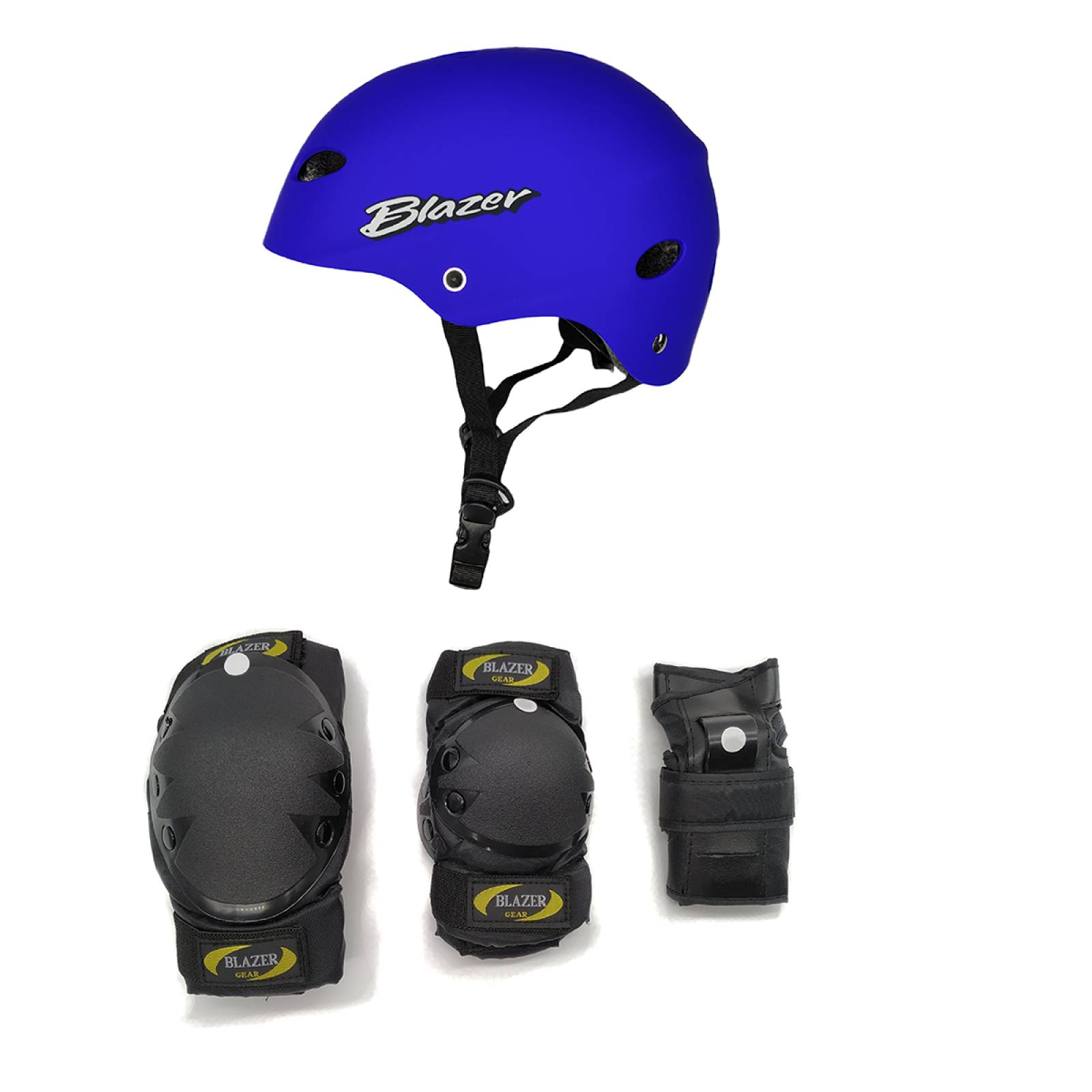 Kit de Protecciones Coderas Rodilleras Muñequeras Negro y Casco Azul Marino