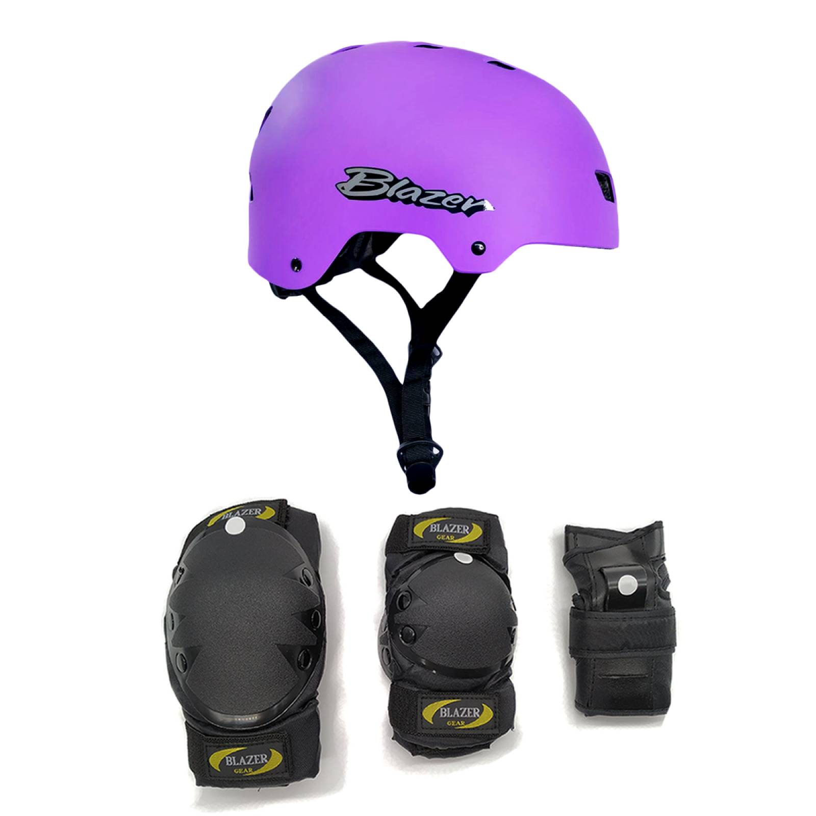 Kit de Protecciones Coderas Rodilleras Muñequeras Negro y Casco Morado