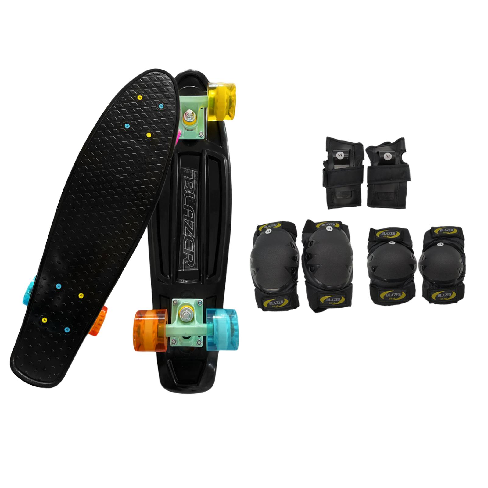 Pennyboard Patineta Cruiser Negra con Llantas de Colores y Protecciones