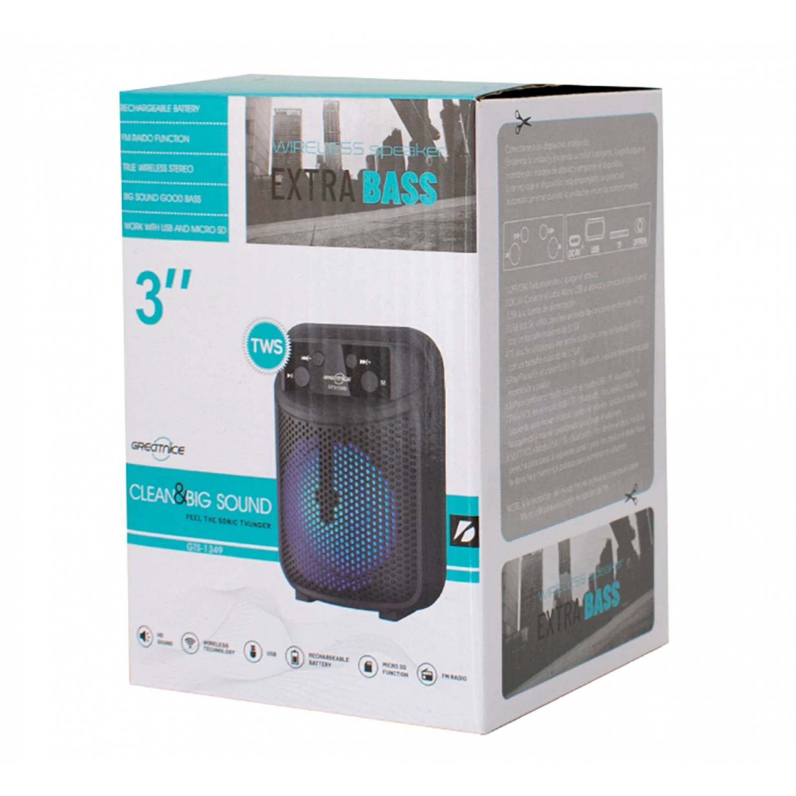 Bocina OEM GTS-1349, Bluetooth, Micro SD, USB de 3 pulgadas LED