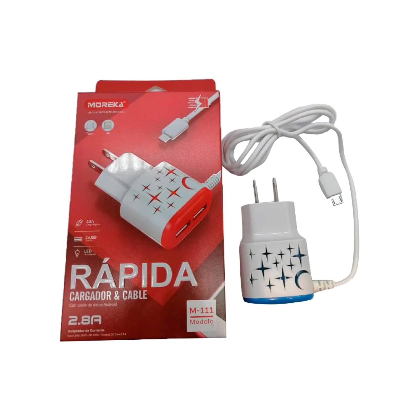 Cargador LED Moreka M-111,  2.8 A, Cable Adherido Tipo V8.