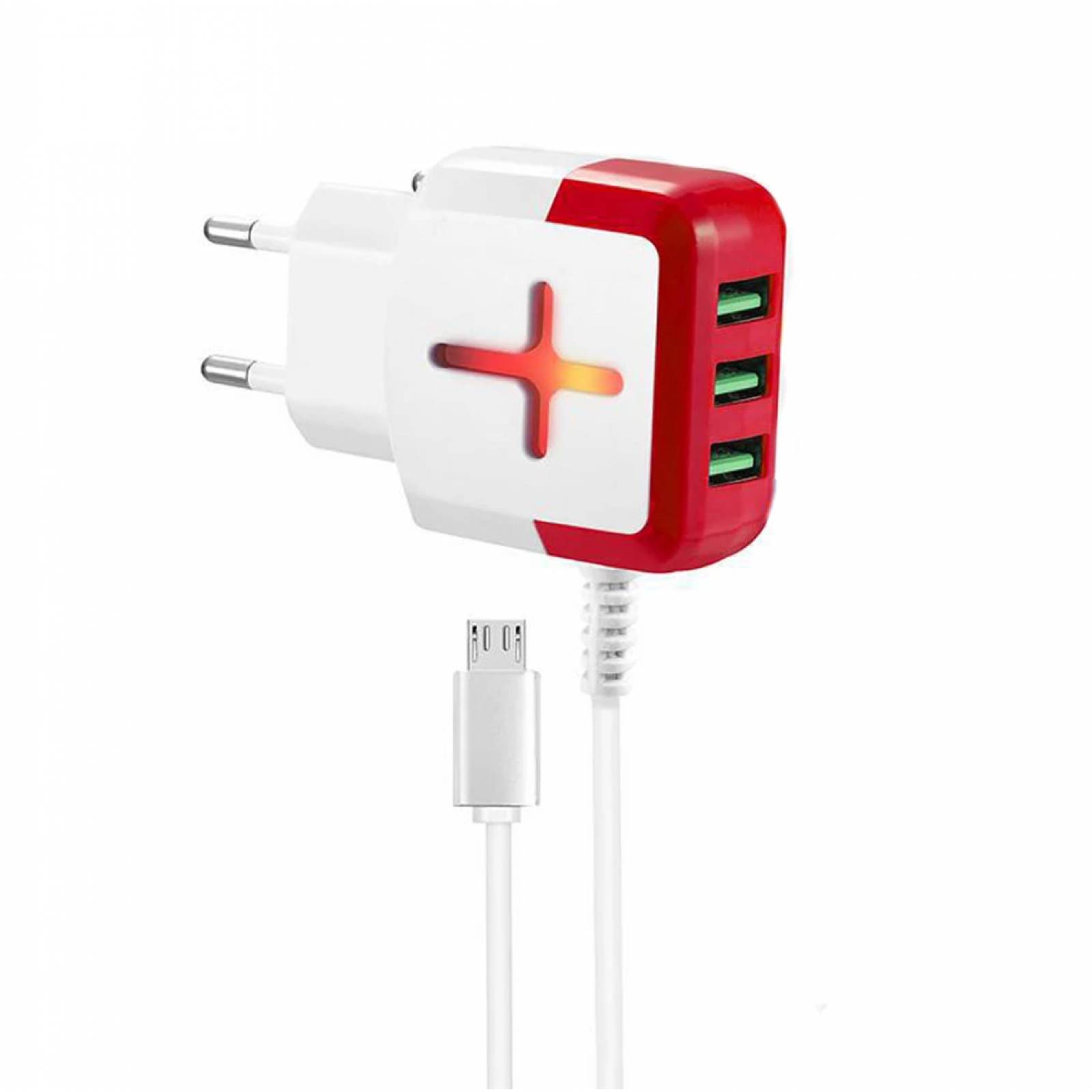 Cargador Moreka M-230,  4.1 A, 3 USB, Cruz, Caja y Bolsa, Cable Adherido V8 Microusb, Led