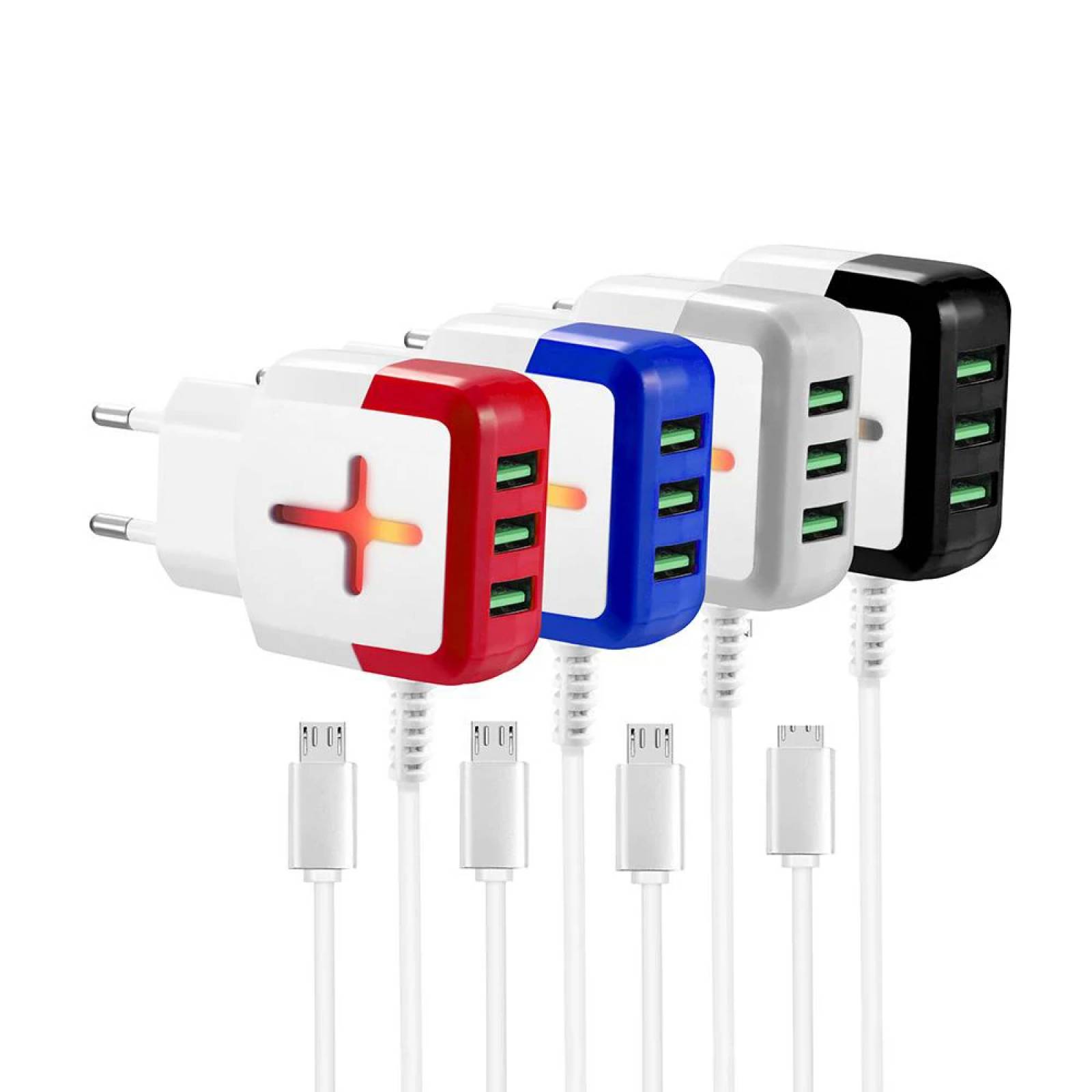 Cargador Moreka M-230,  4.1 A, 3 USB, Cruz, Caja y Bolsa, Cable Adherido V8 Microusb, Led