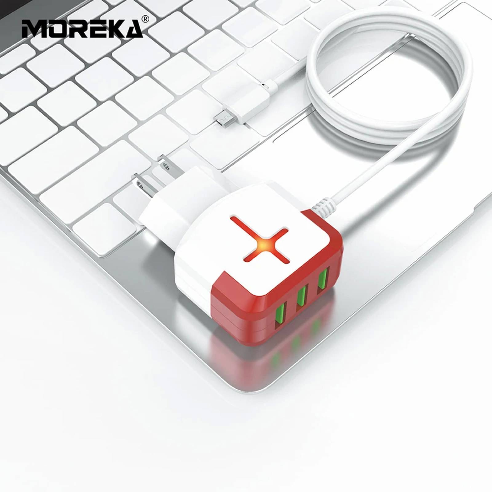 Cargador Moreka M-230,  4.1 A, 3 USB, Cruz, Caja y Bolsa, Cable Adherido V8 Microusb, Led