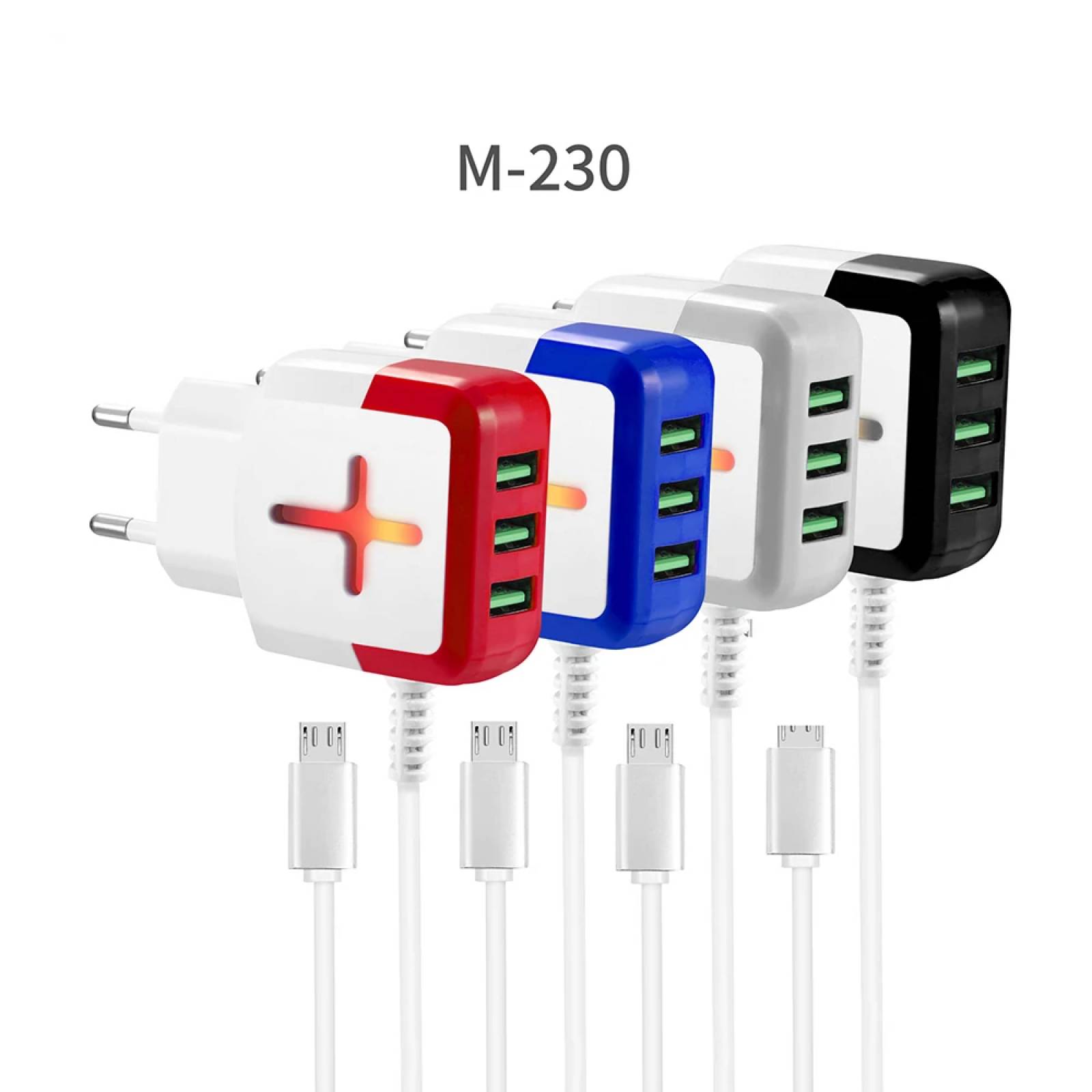 Cargador Moreka M-230,  4.1 A, 3 USB, Cruz, Caja y Bolsa, Cable Adherido V8 Microusb, Led