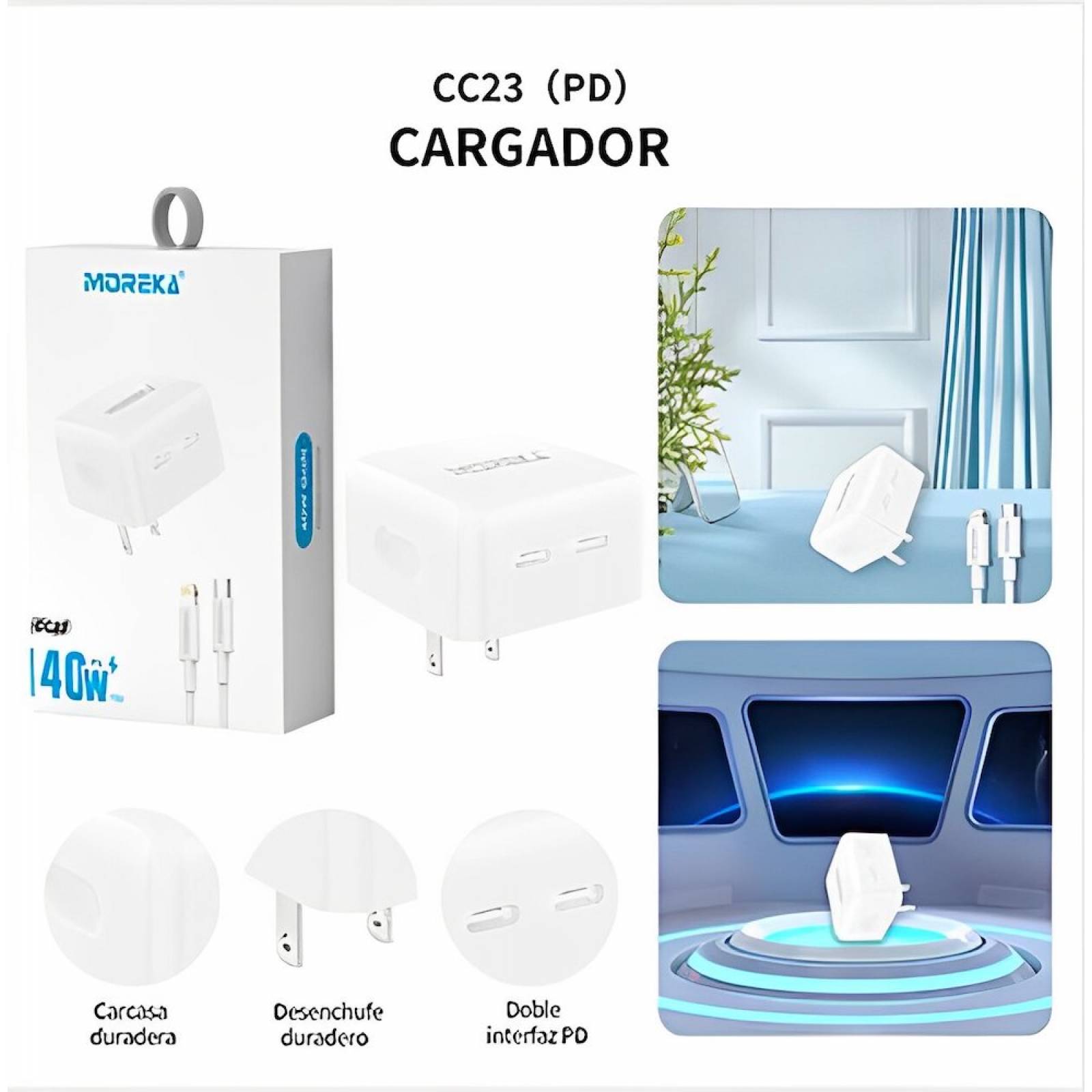 Turbo Cargador 40W Moreka CC23 Carga Rapída Doble USB y Cable Tipo Iphone